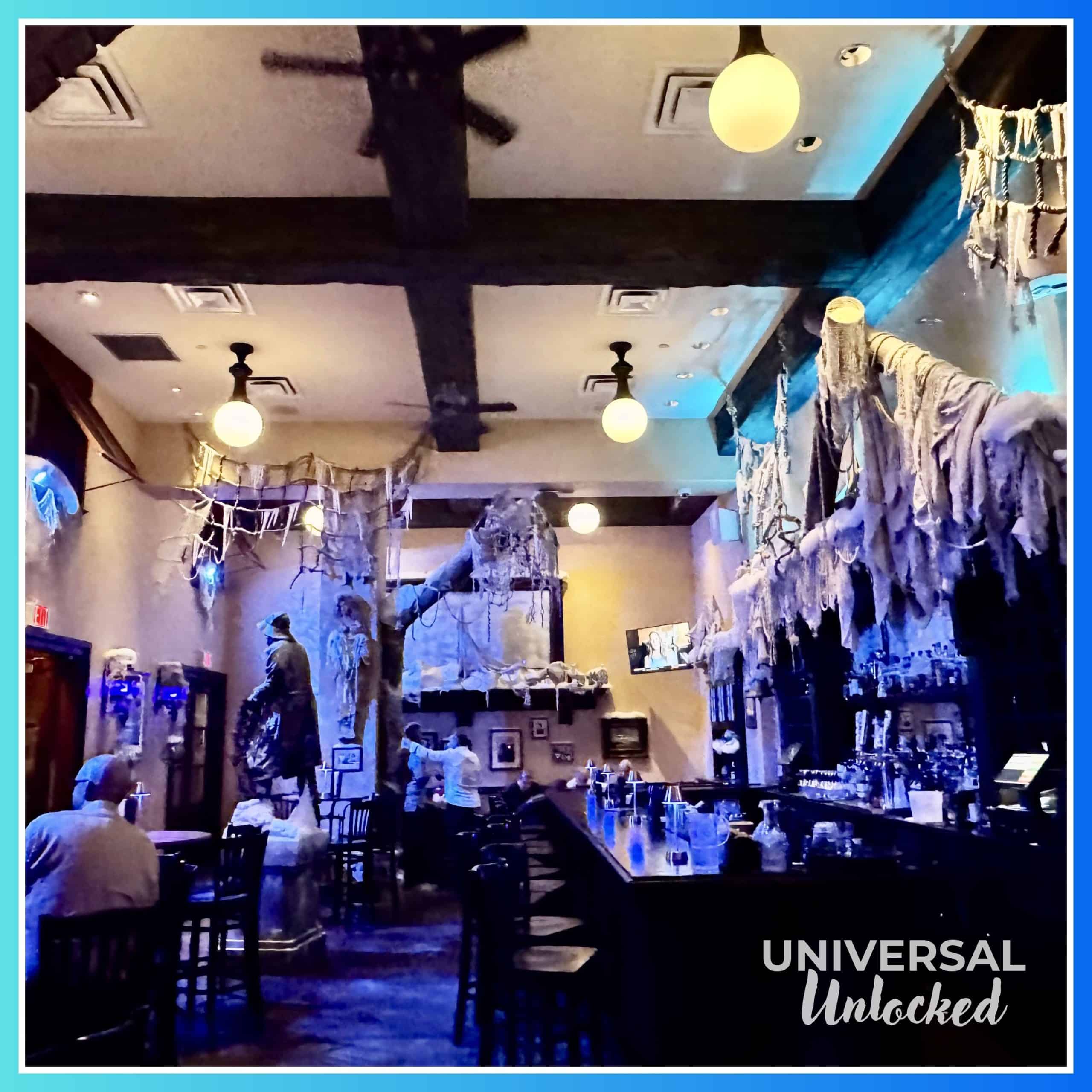 Inside Thirsty Fish decorated for Halloween Horror Nights