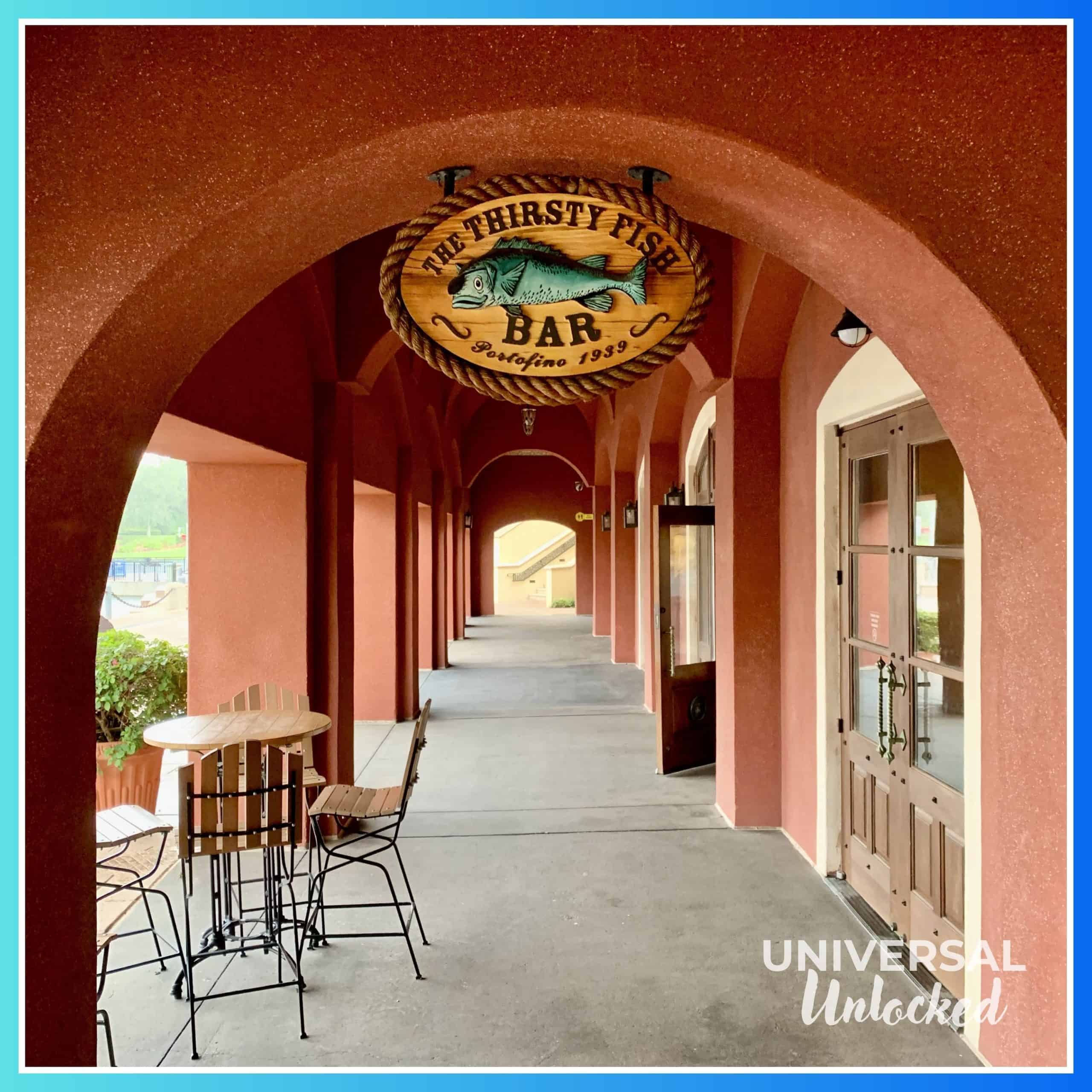 Covered patio at Thirsty Fish bar at Loews Portofino Bay Hotel