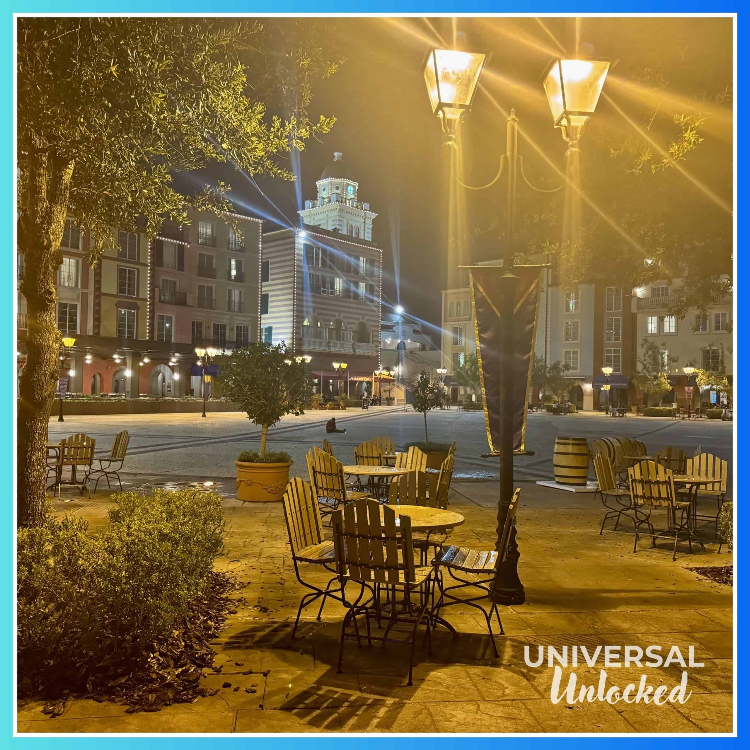 Night view of the Harbor Piazza from Thirsty Fish