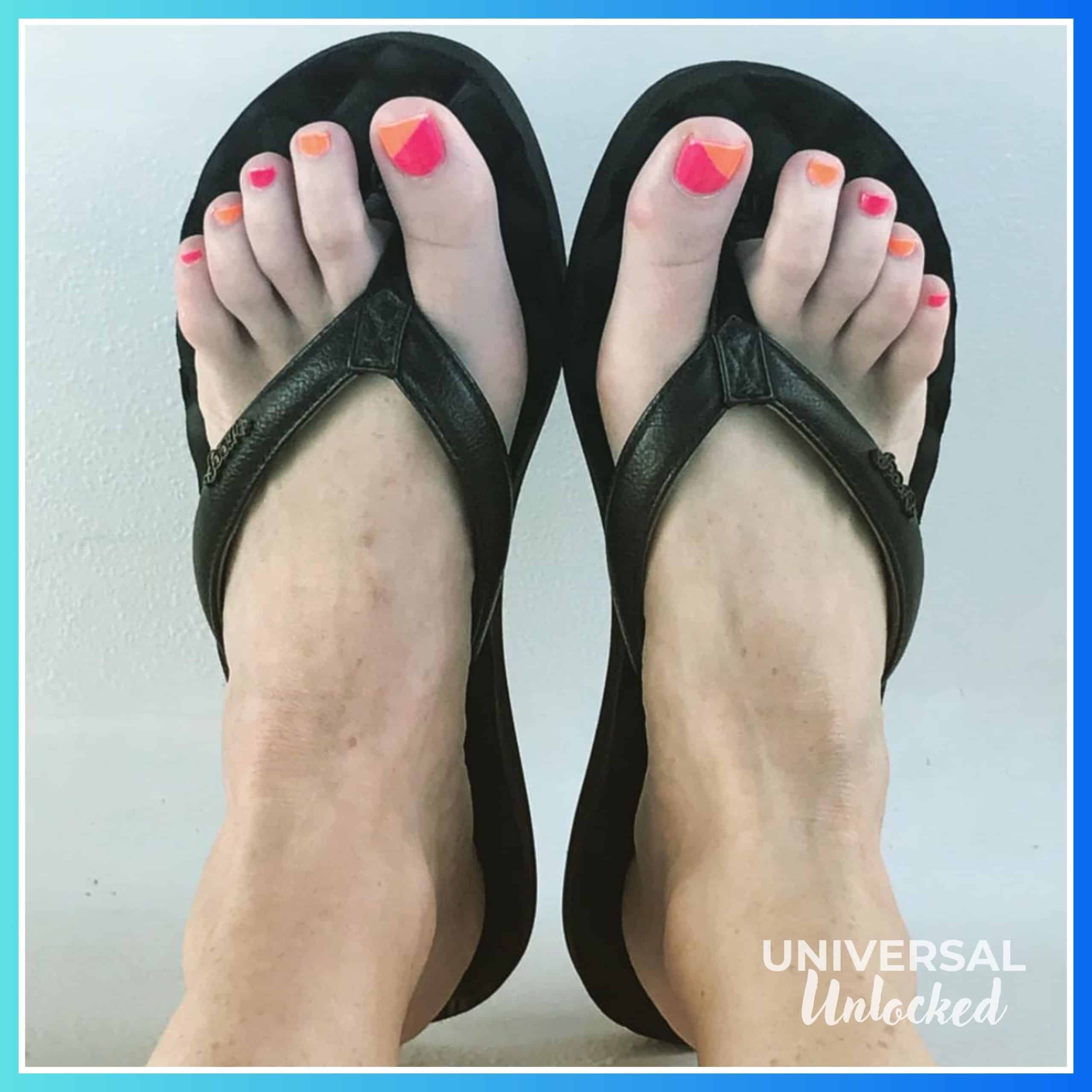 Laney wearing the reef dream flip flops onboard a Universal Orlando water taxi