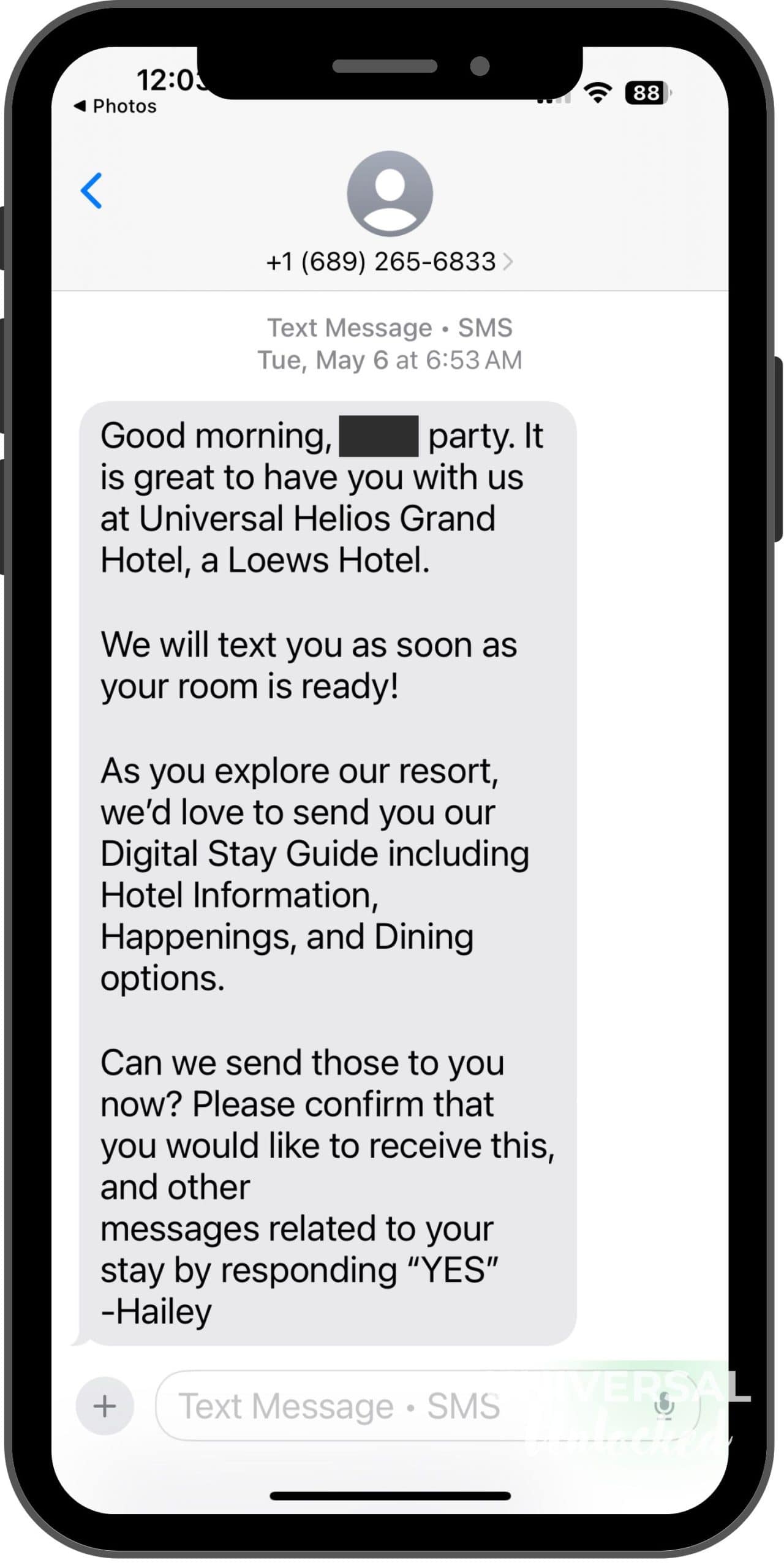 Example of text service at Universal Orlando Resort