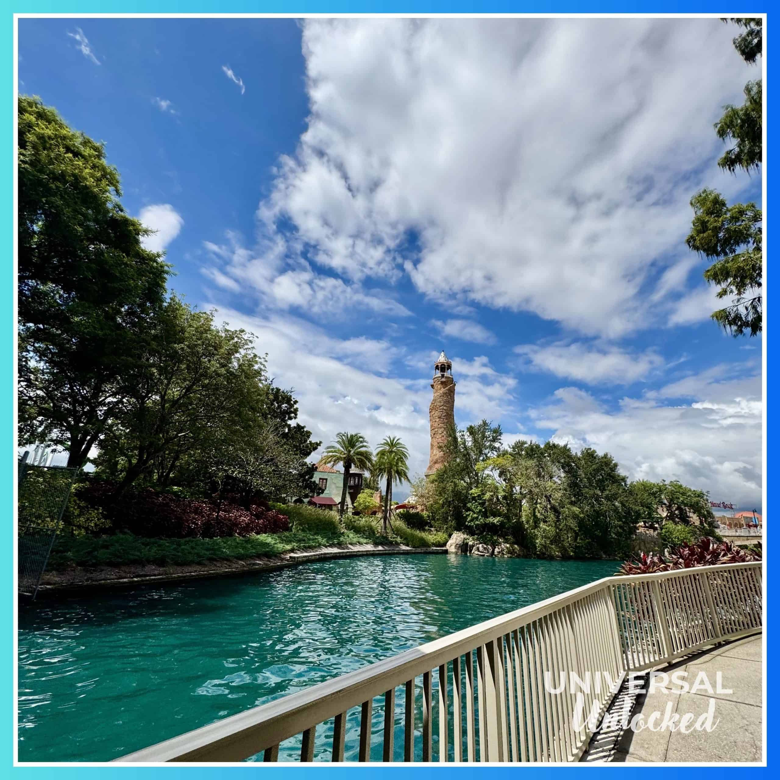 River views on the Universal Orlando river walking path from Sapphire Falls Resort, past Royal Pacific Resort, and ending at CityWalk Orlando