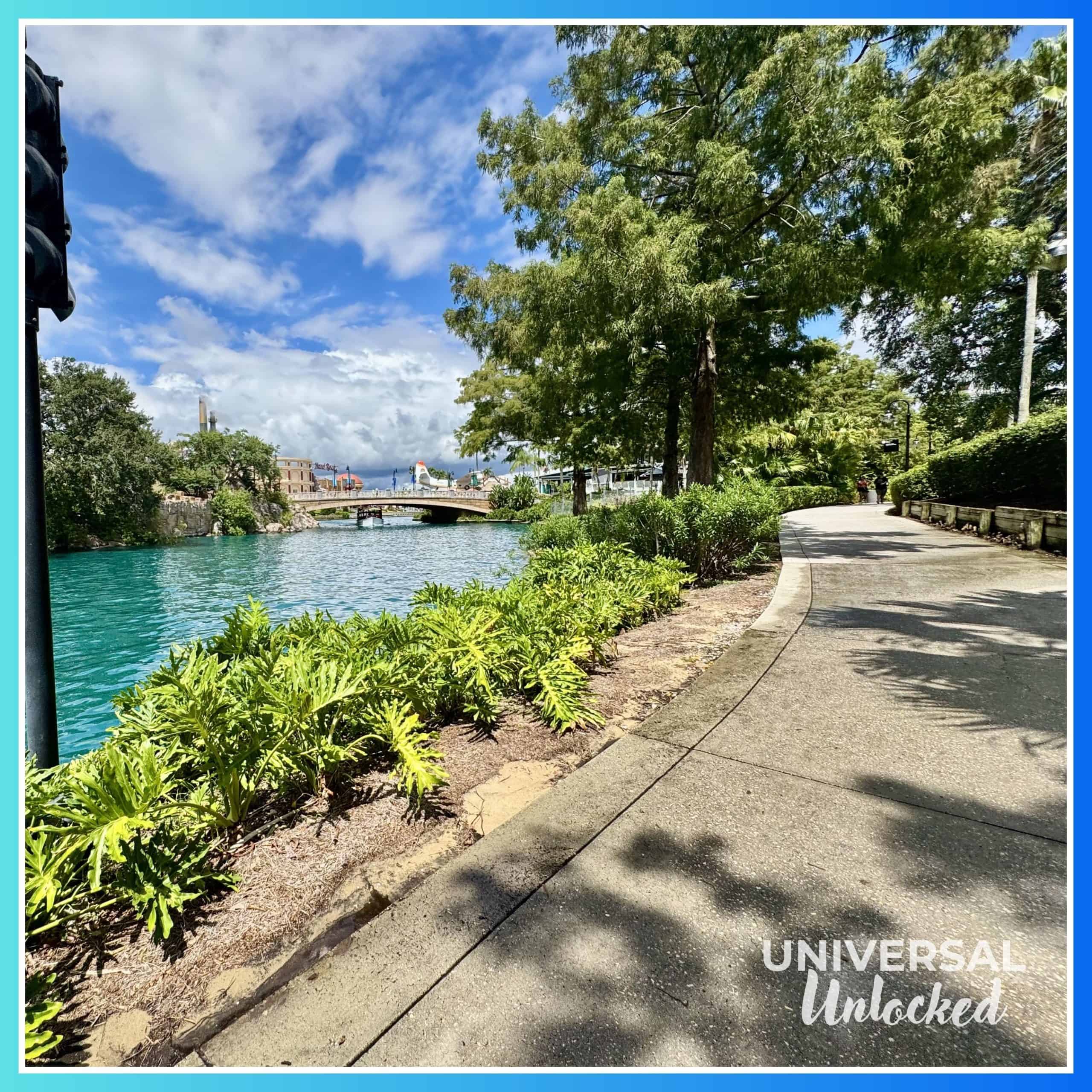 Universal Orlando river walking path from Sapphire Falls Resort, past Royal Pacific Resort, and ending at CityWalk Orlando