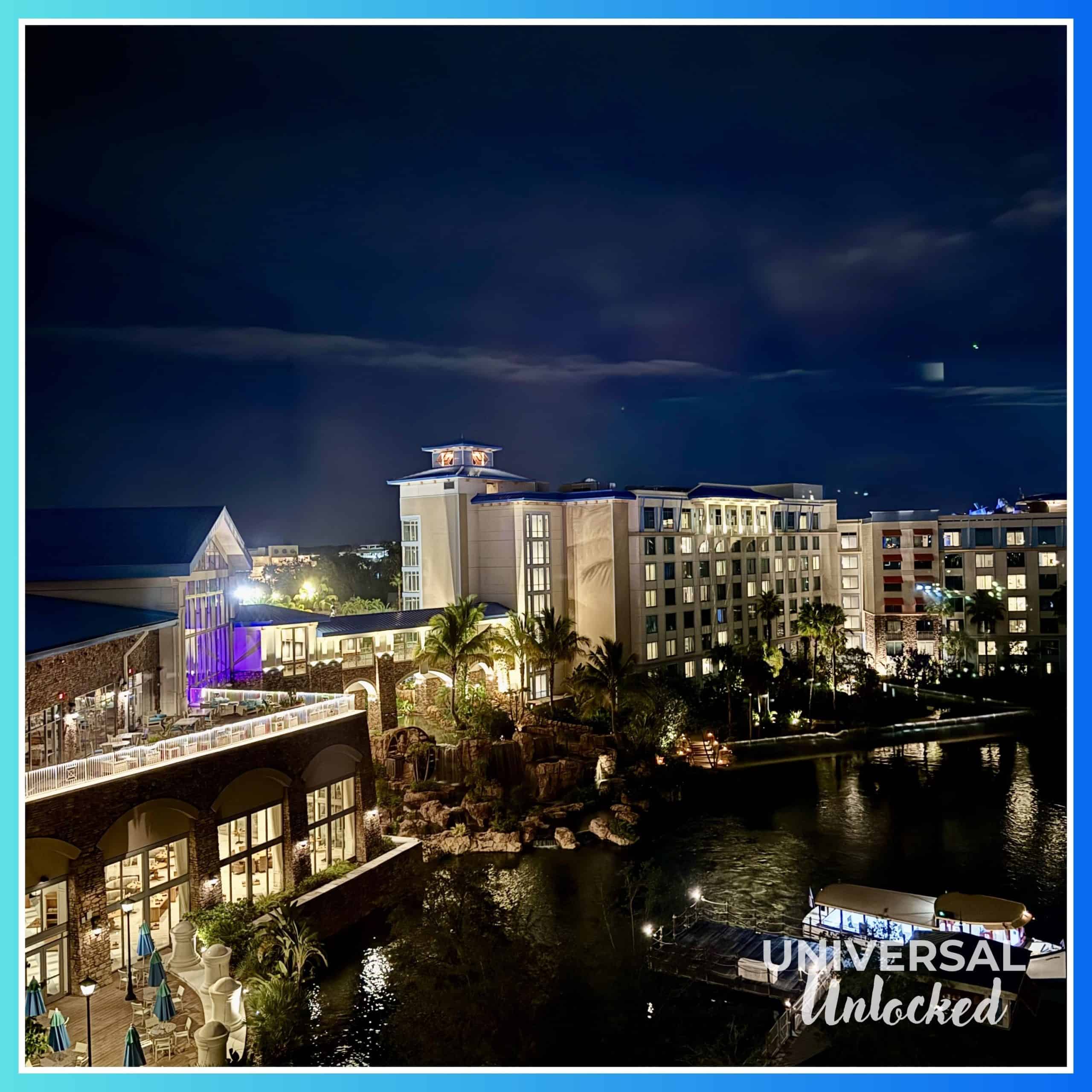 Lagoon room views at Sapphire Falls Resort at night