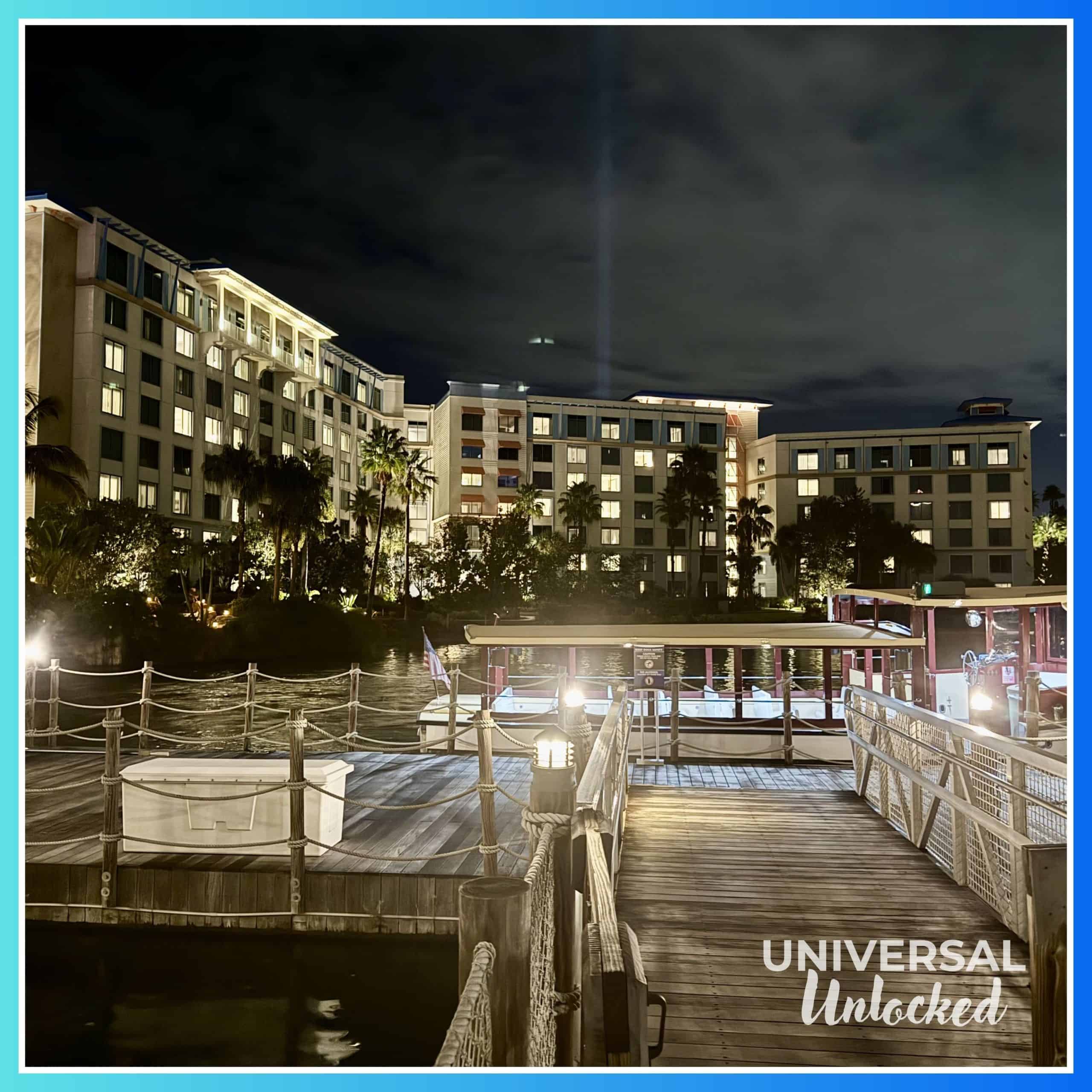 The Sapphire Falls Resort water taxi at night