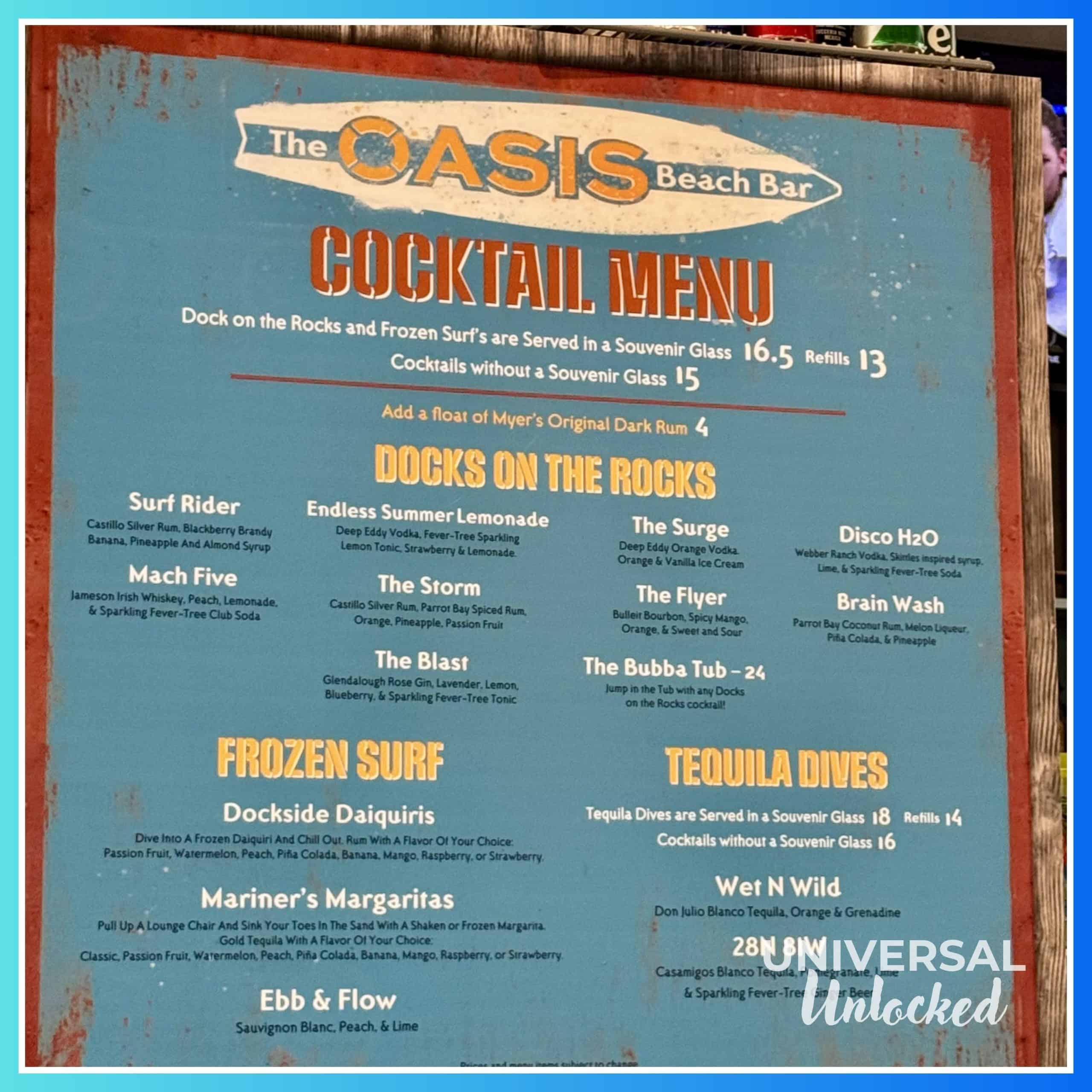 Menu at the Oasis Beach Bar