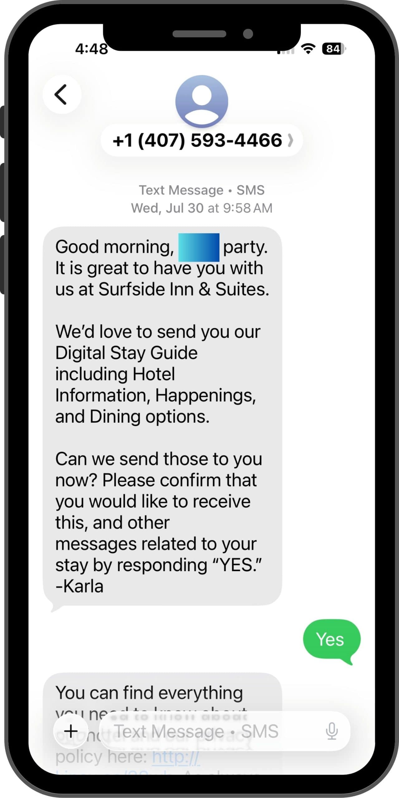 Example of texting service at Universal Orlando Resort