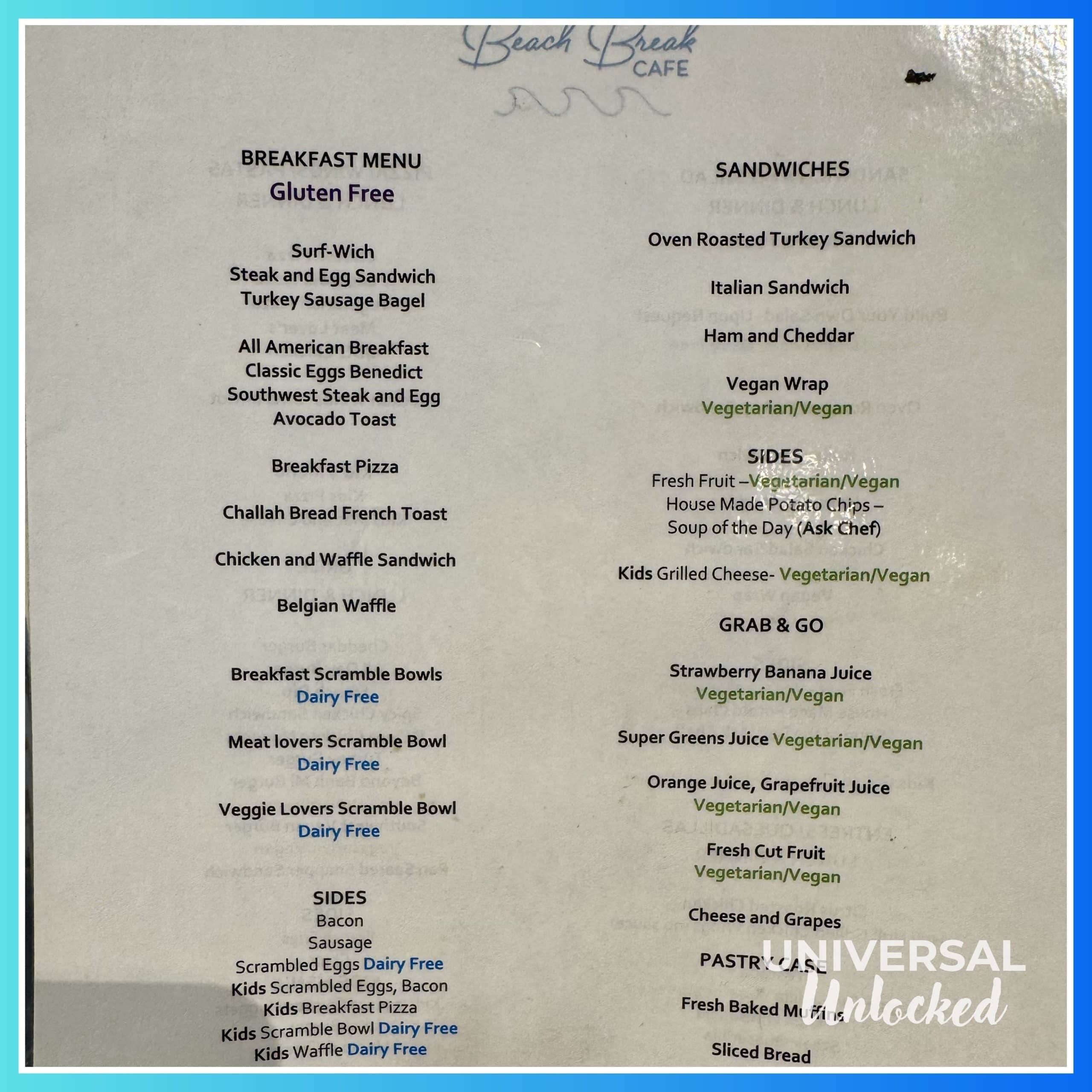 Gluten free breakfast menu at Beach Break Cafe