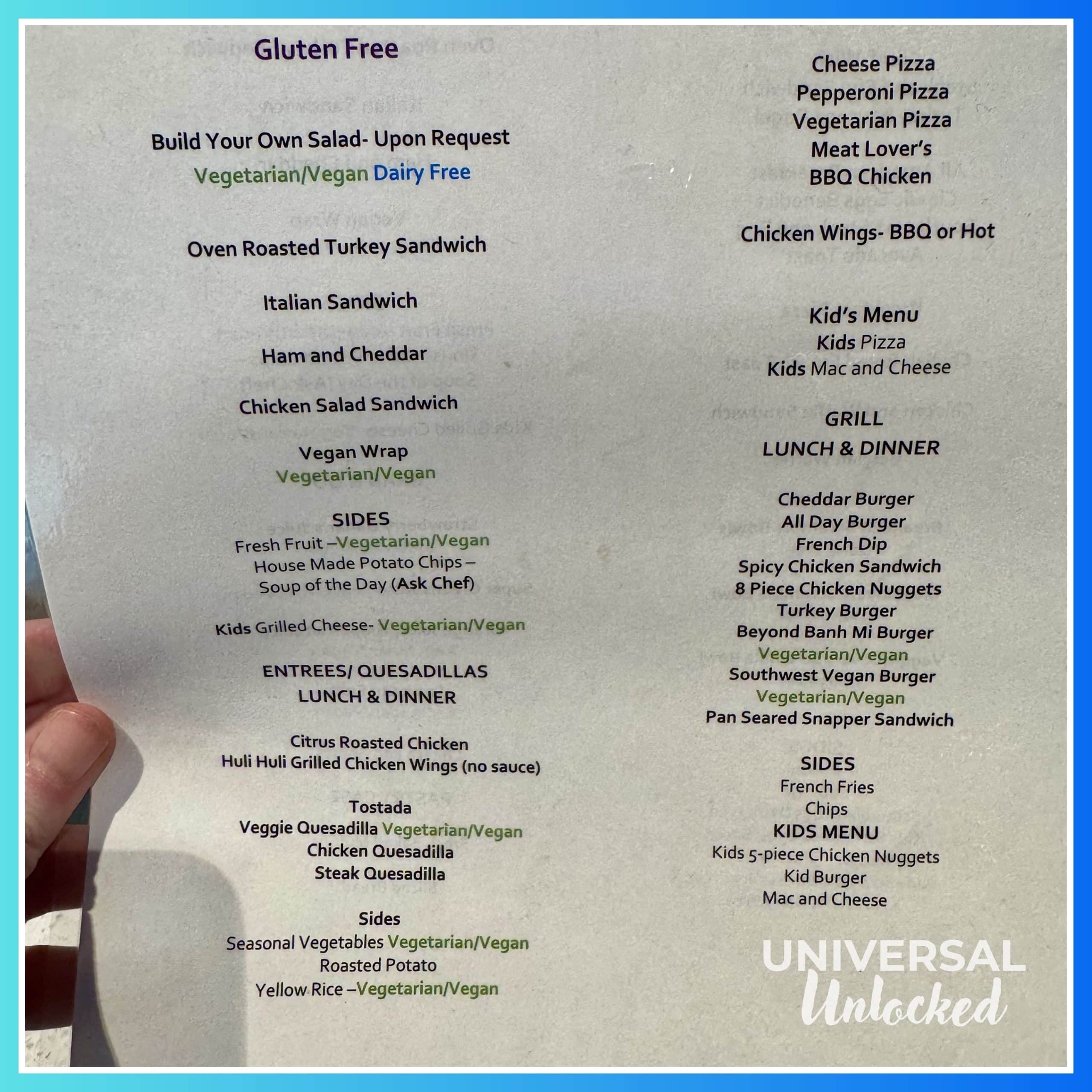 Gluten free dinner menu at Beach Break Cafe