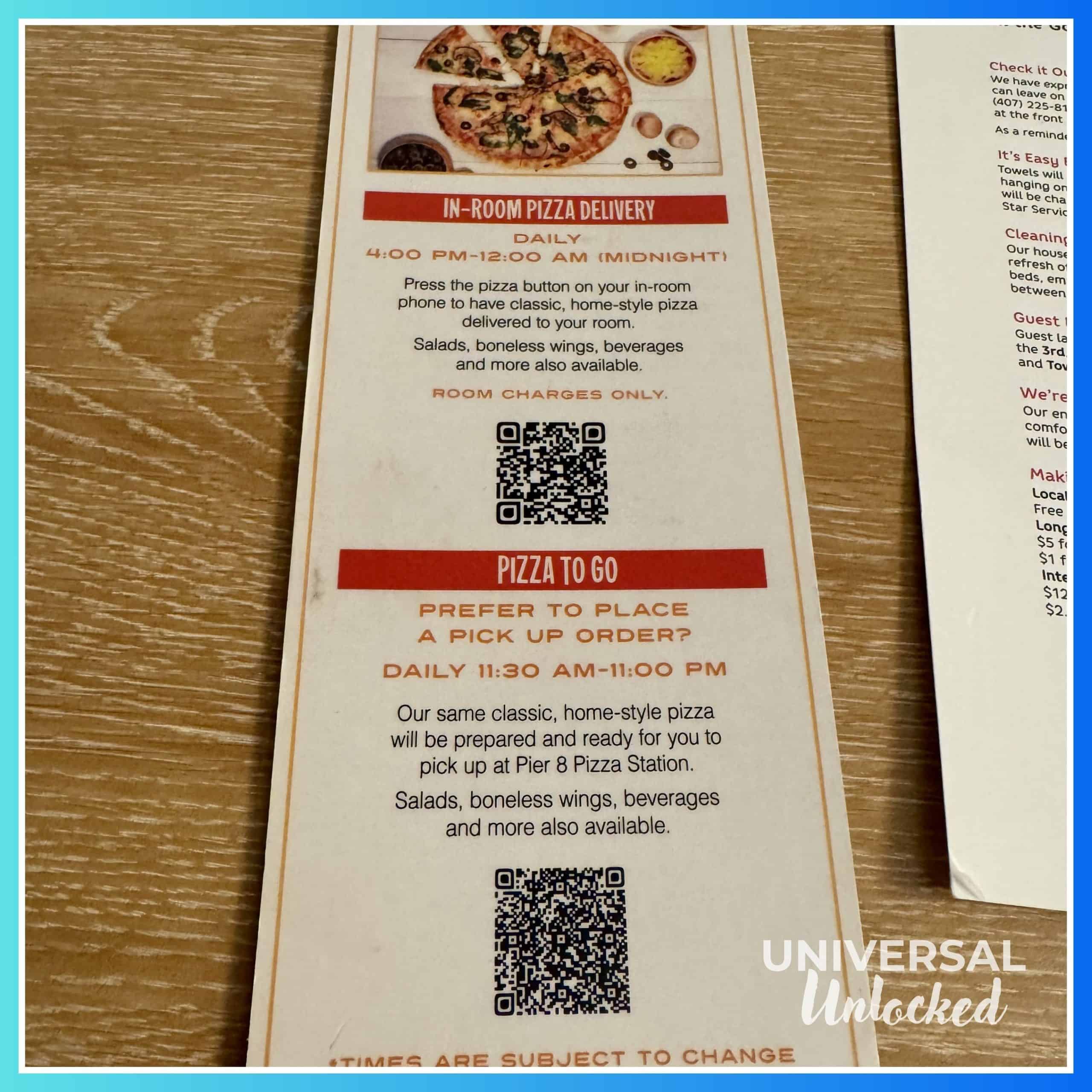 Pizza menu guide at Surfside Inn and Suites