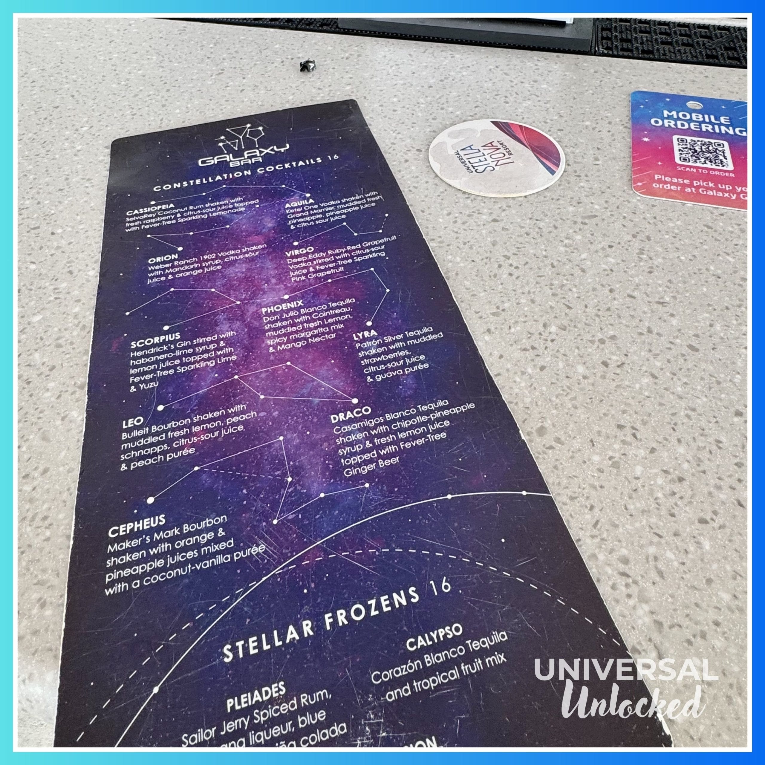 Cocktail menu at Galaxy Bar, poolside at Stella Nova Resort