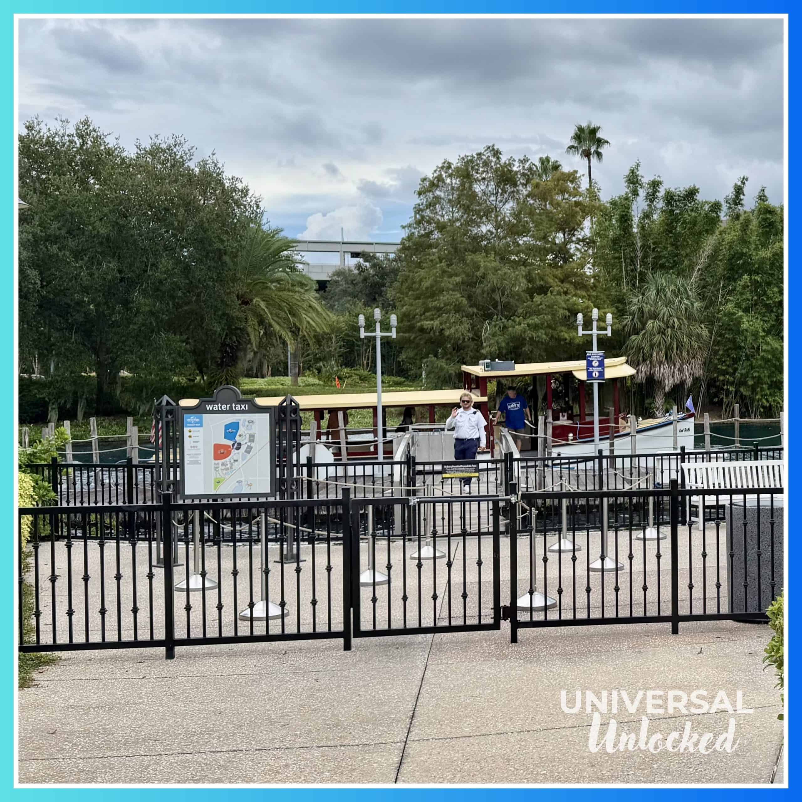 Water taxi docked at Hard Rock Hotel Orlando on the Universal river