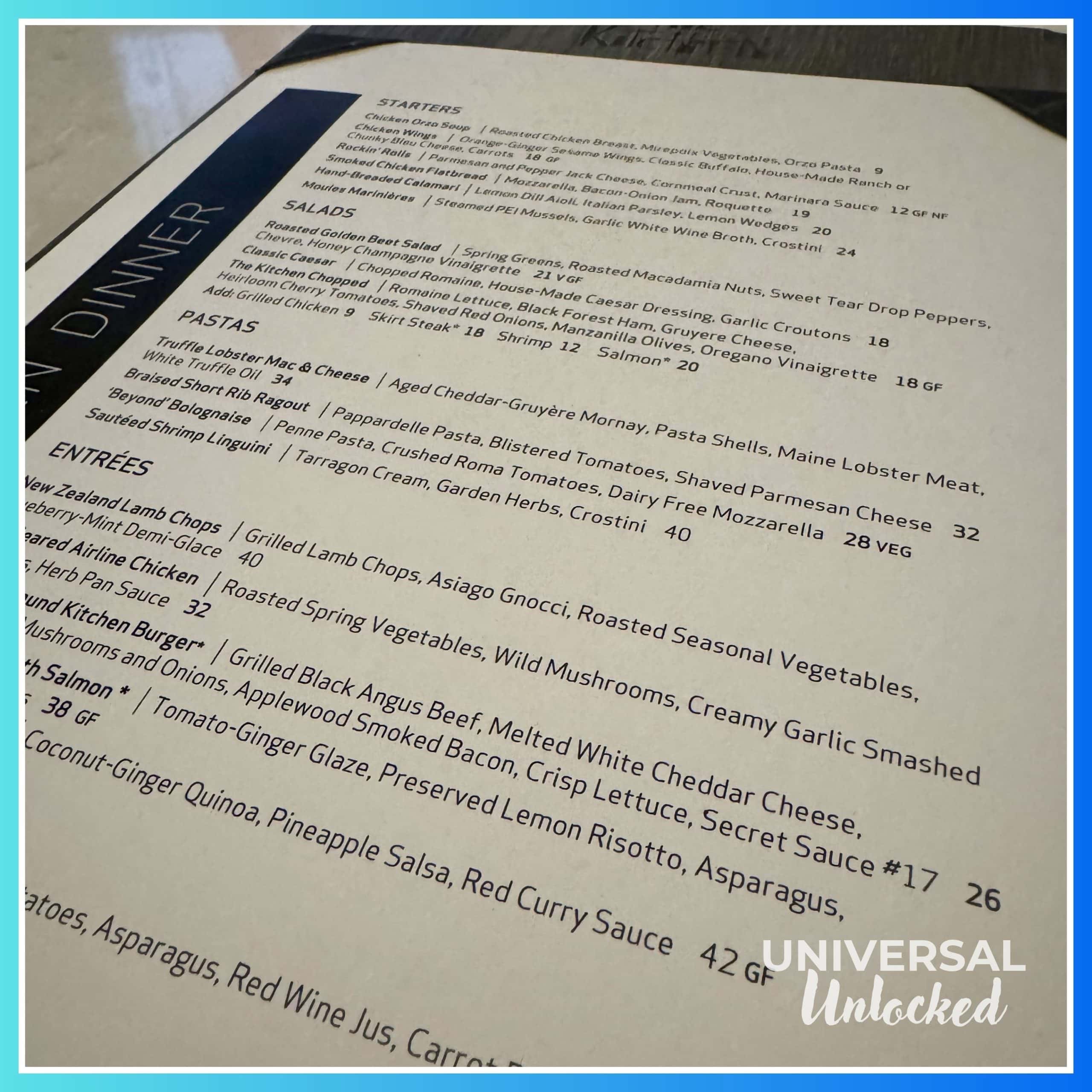 Menu at the Kitchen