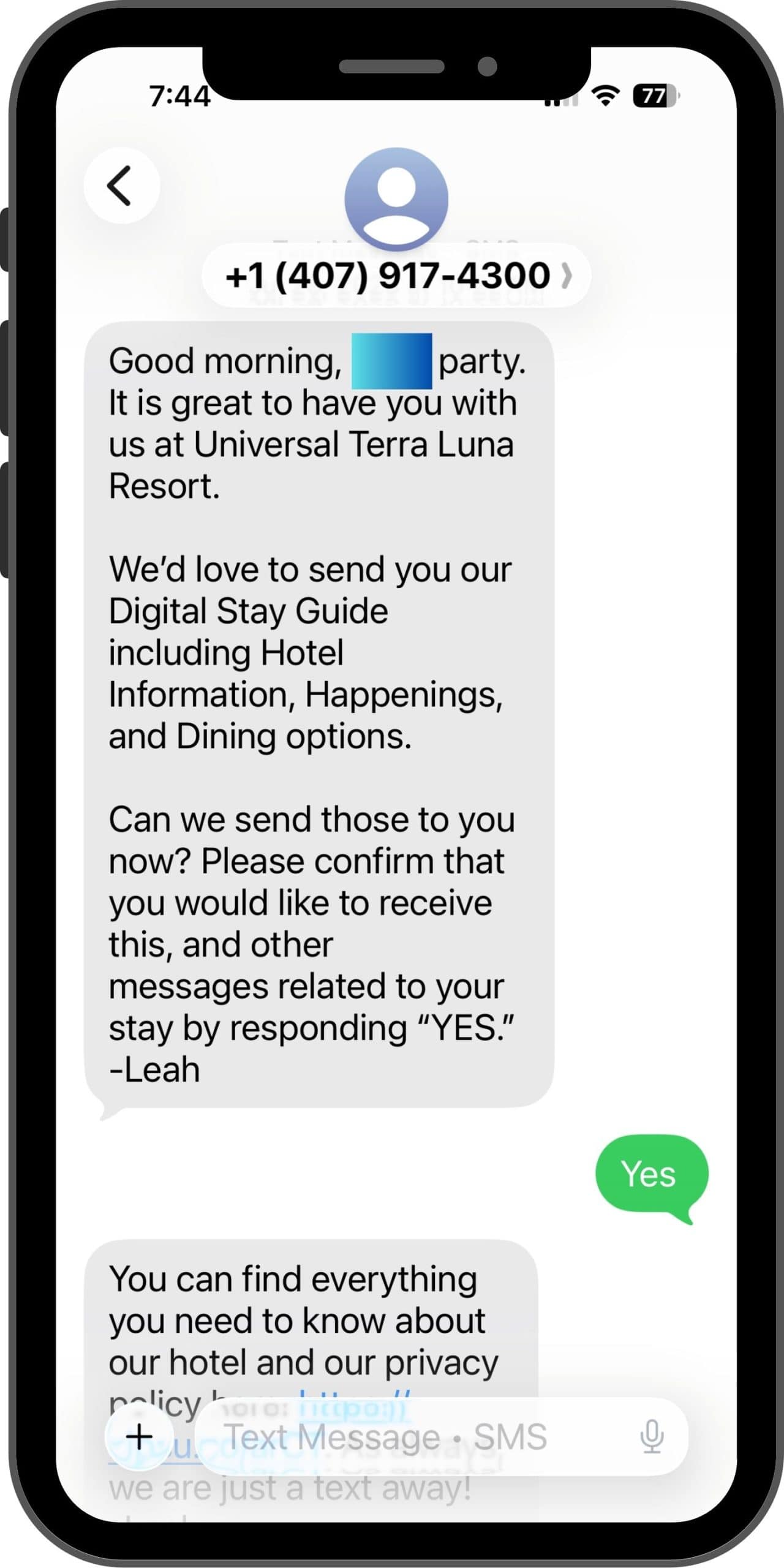Example of Universal Orlando text service at Terra Luna Resort