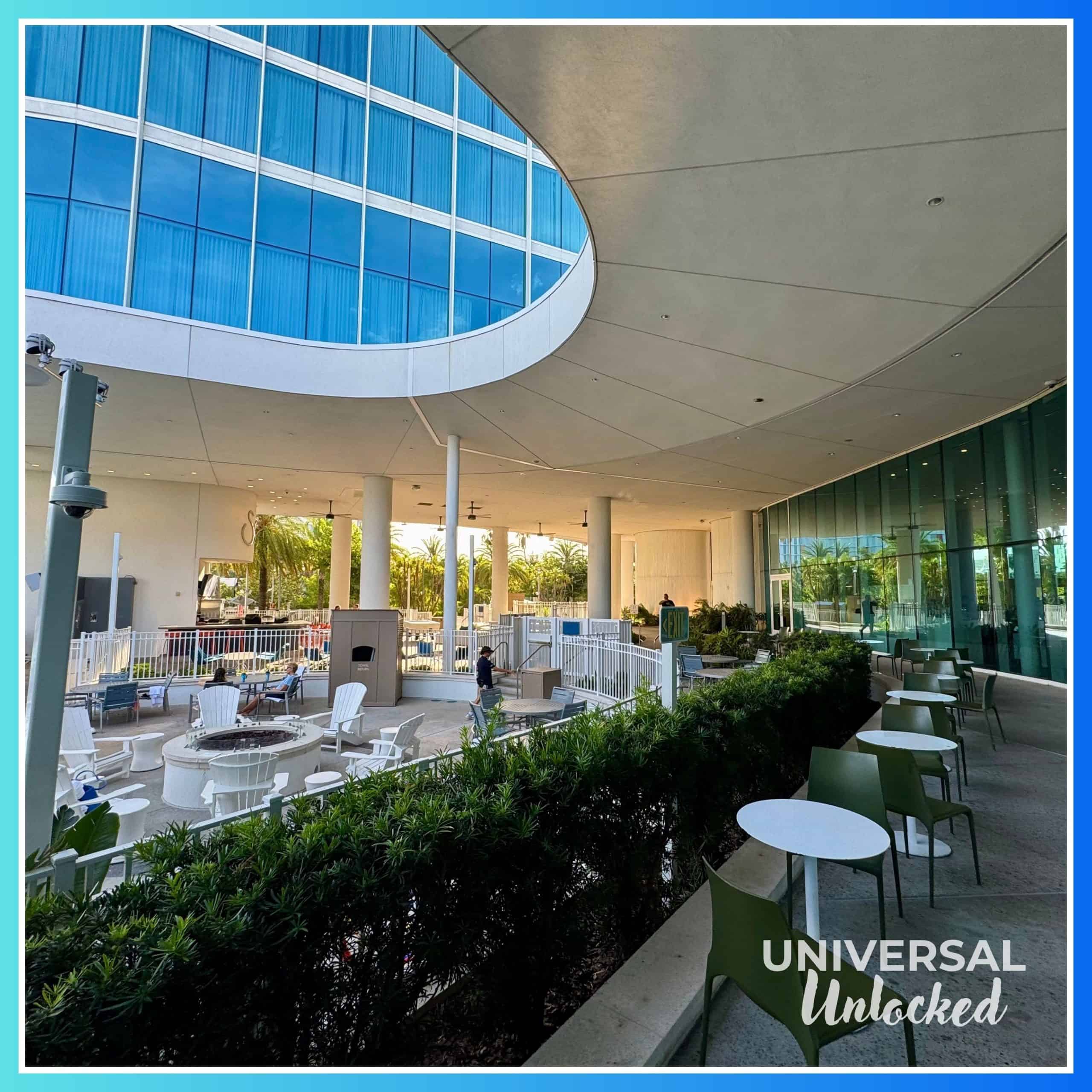 Outdoor area, including Bar Sol and Urban Pantry seating at Aventura Hotel