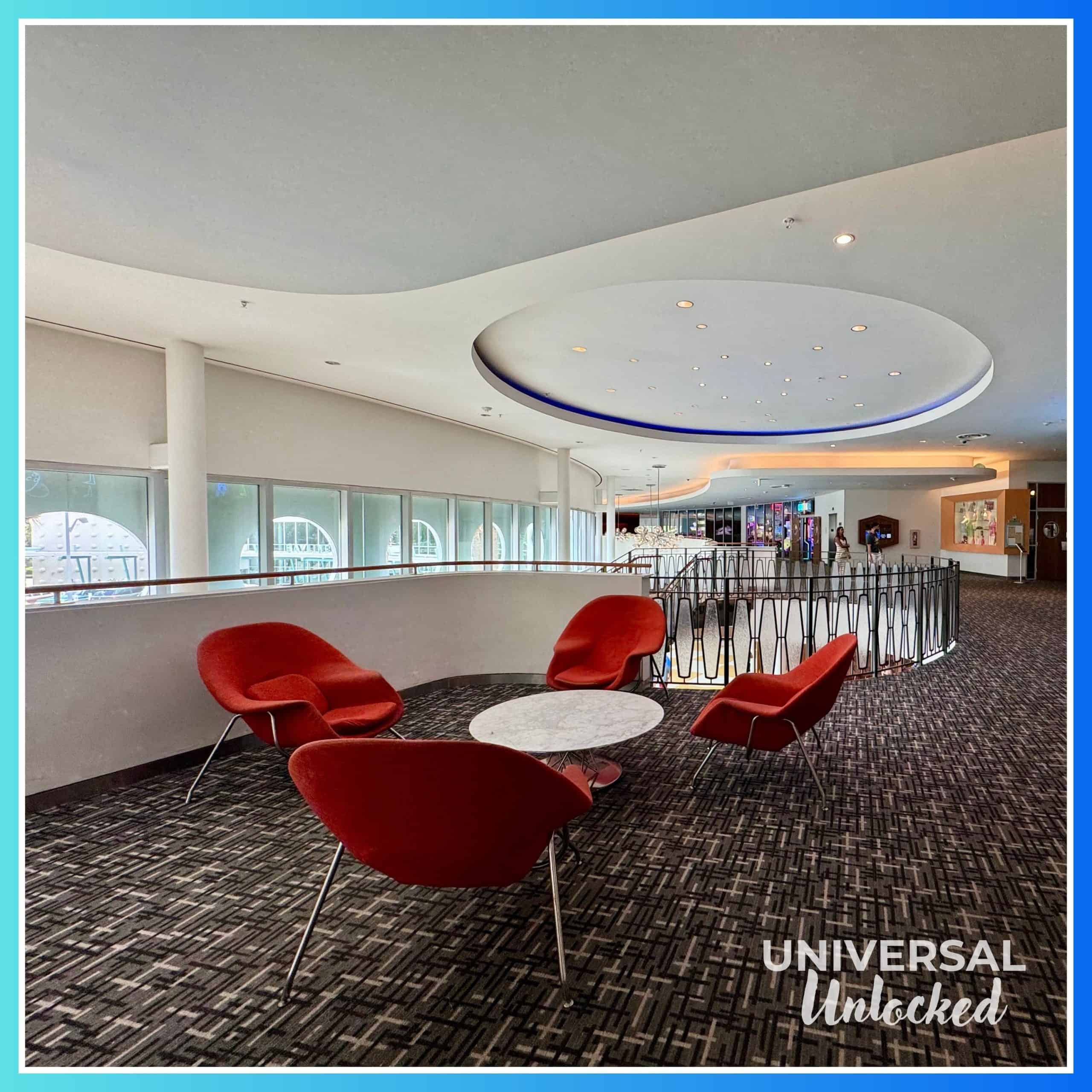 Seating area outside the event room along the amenities hallway at Cabana Bay