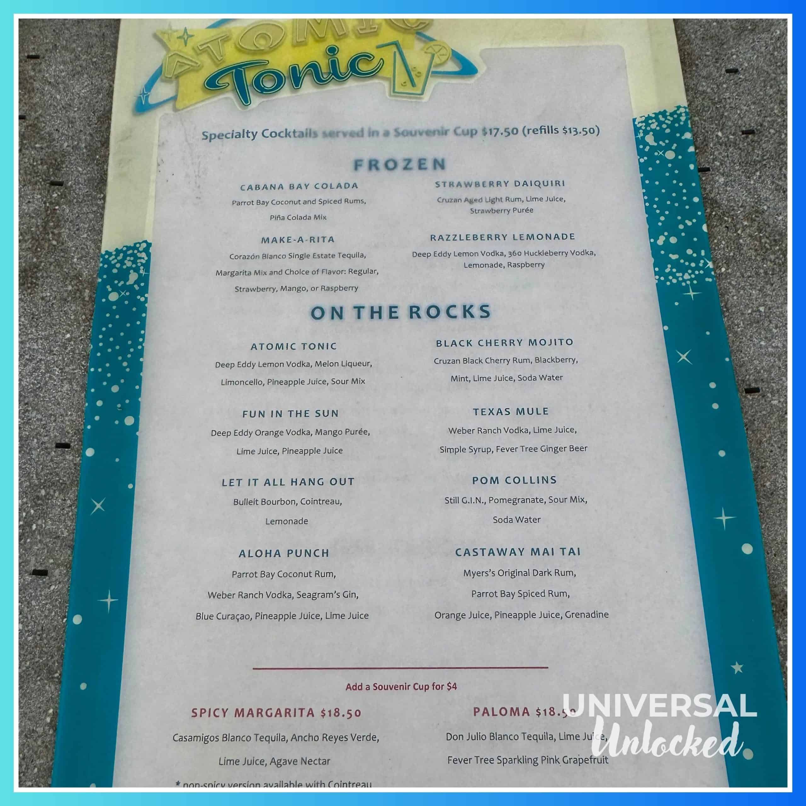 Atomic Tonic menu