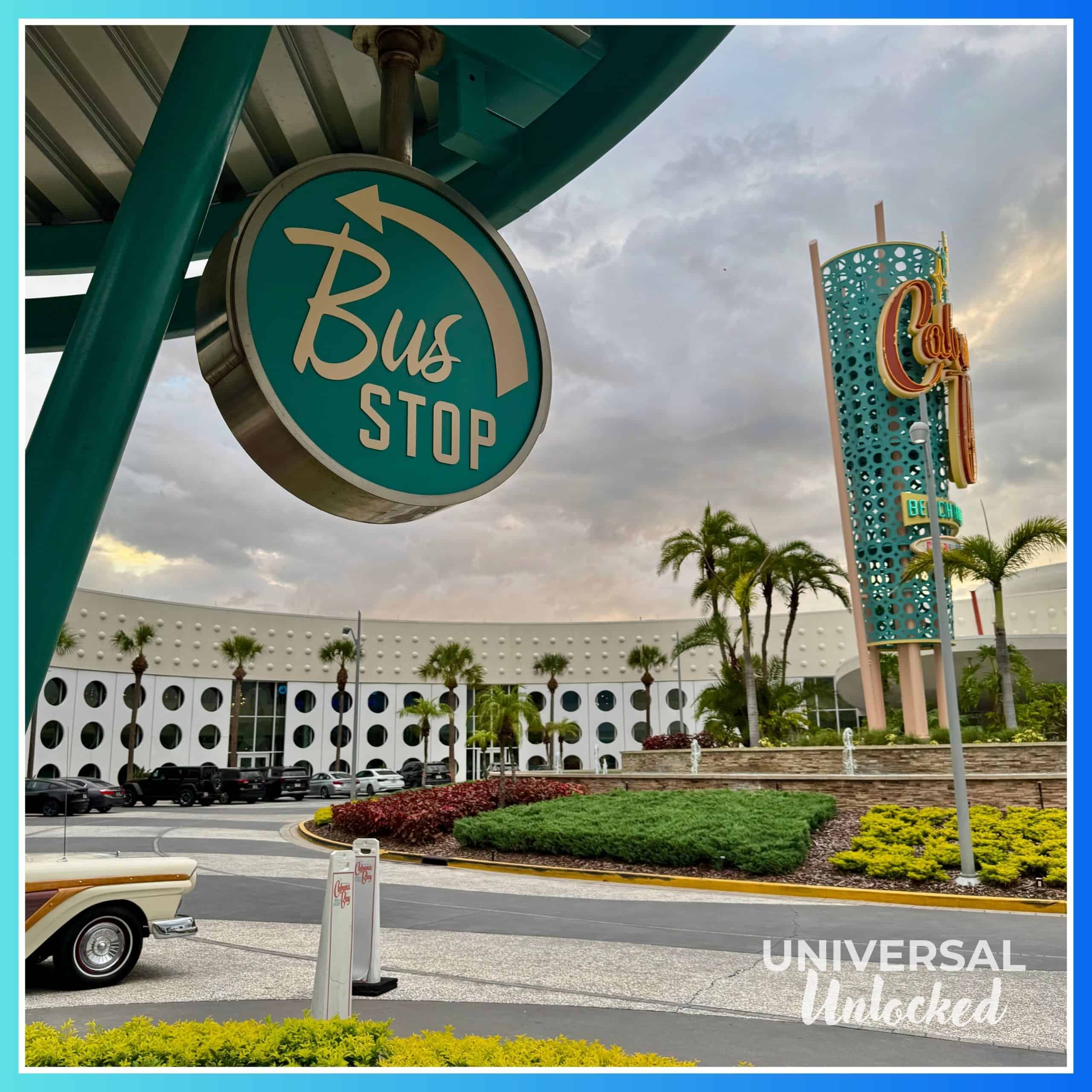 Universal Orlando shuttle bus stop at Cabana Bay Beach Resort