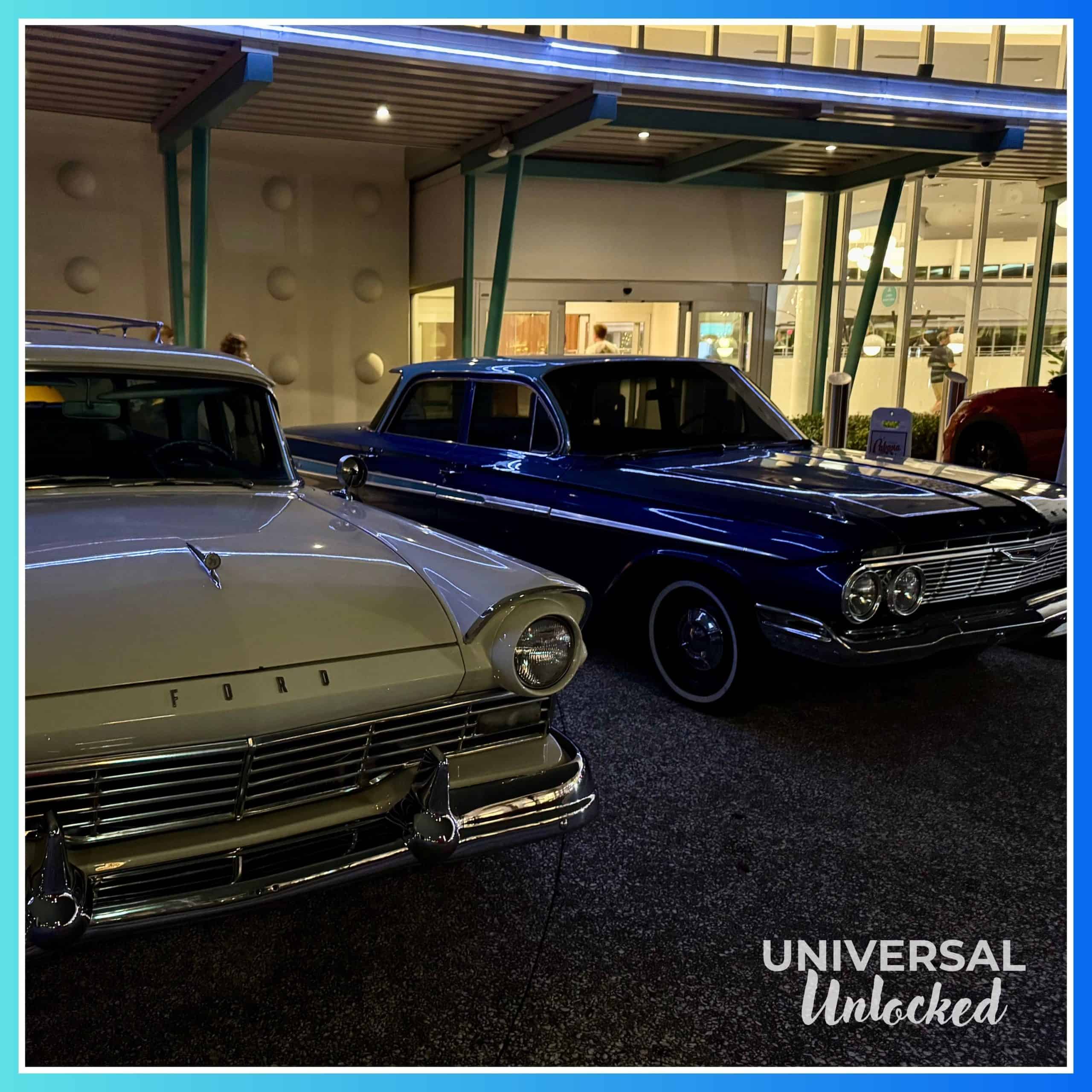 Retro cars at Cabana Bay Beach Resort