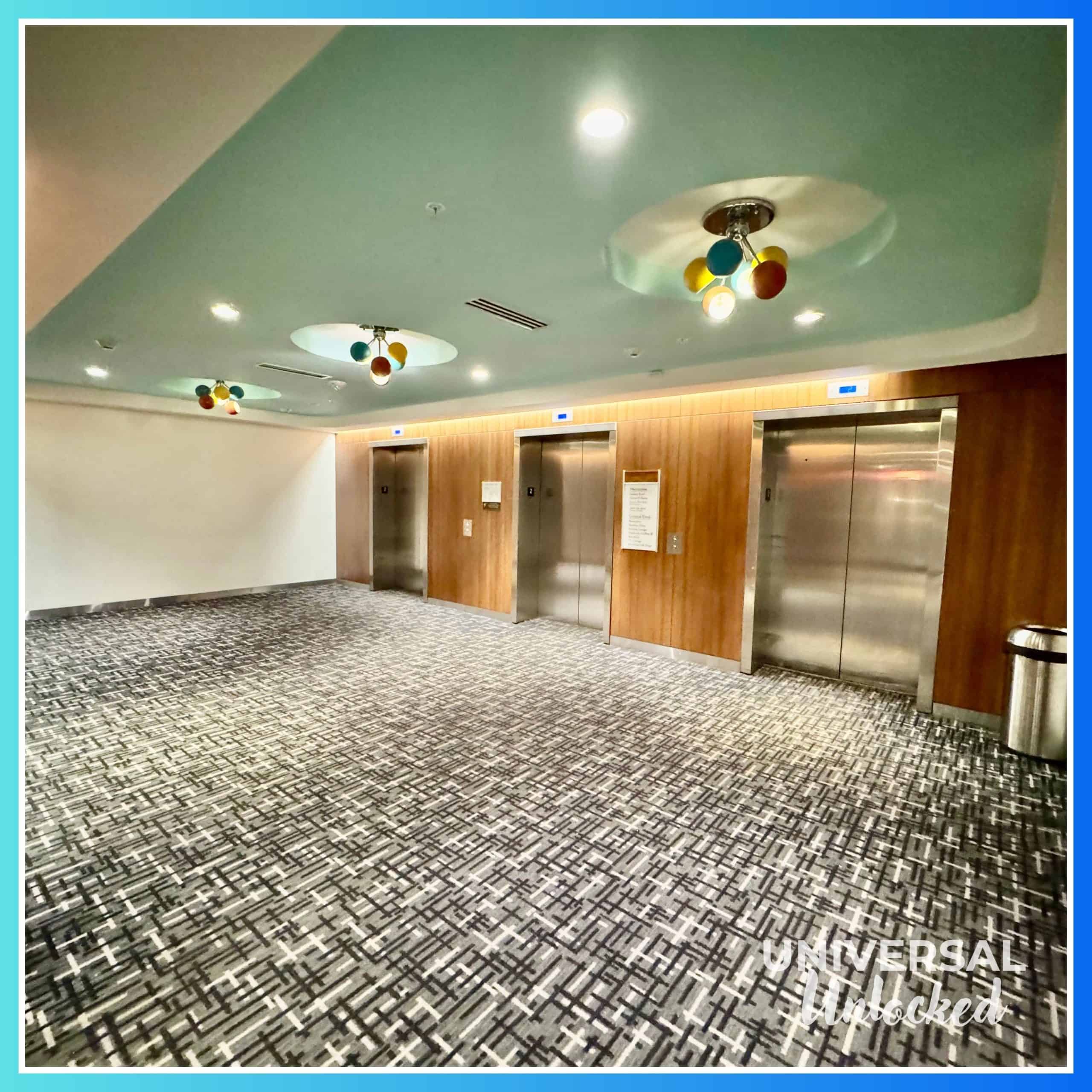 Elevator banks in the interior guest room towers