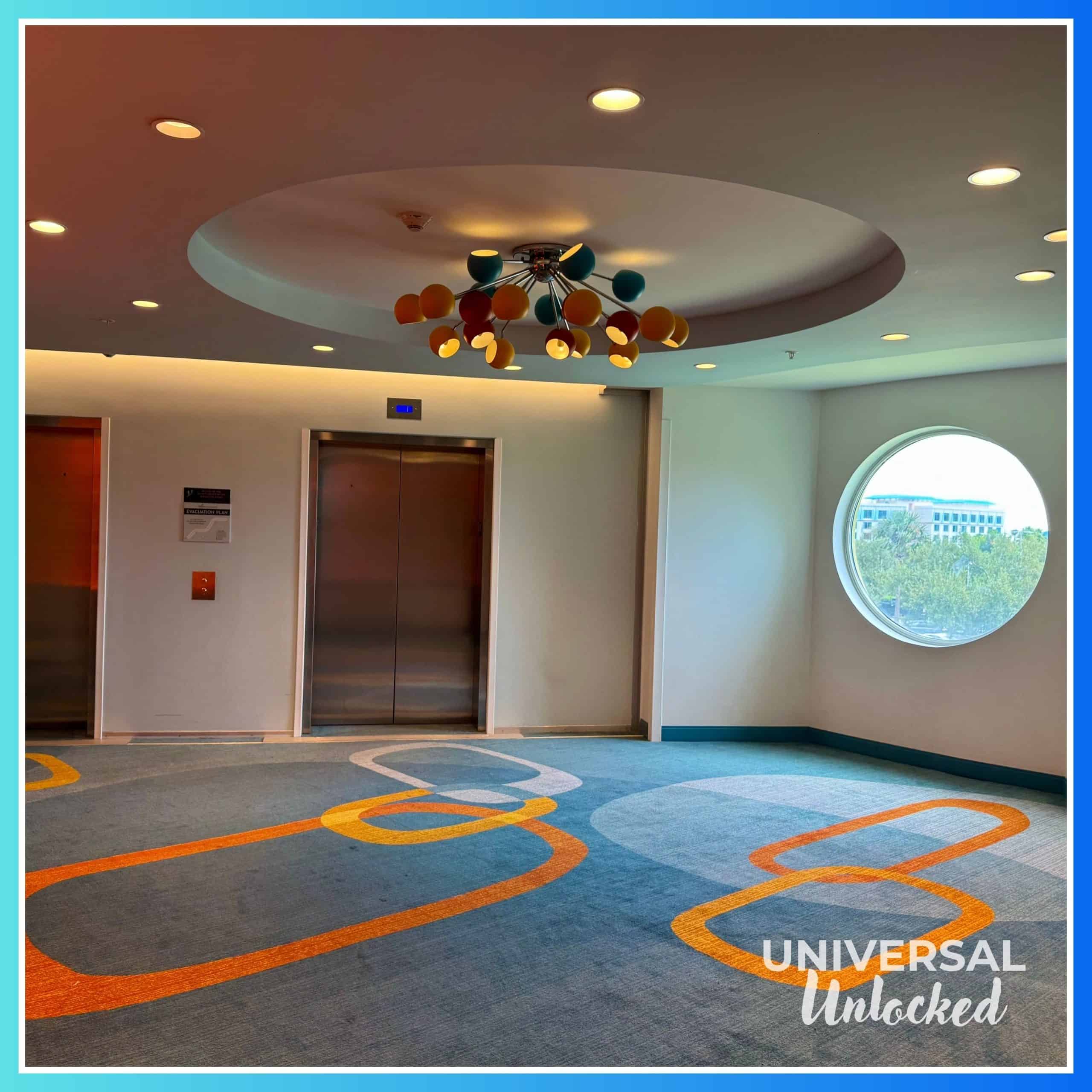 Elevator banks in the interior guest room towers