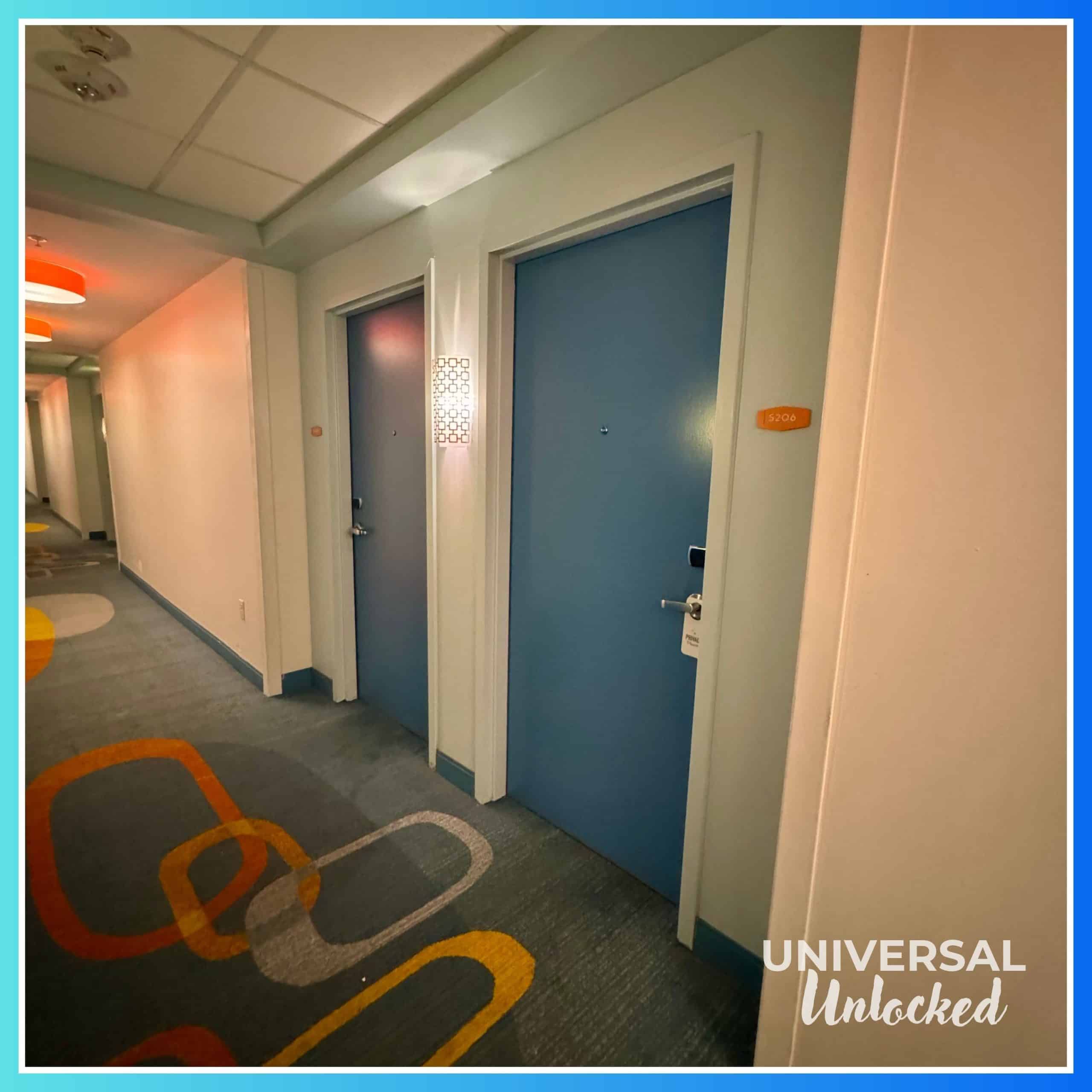 Hallway to the standard interior guest rooms at Cabana Bay
