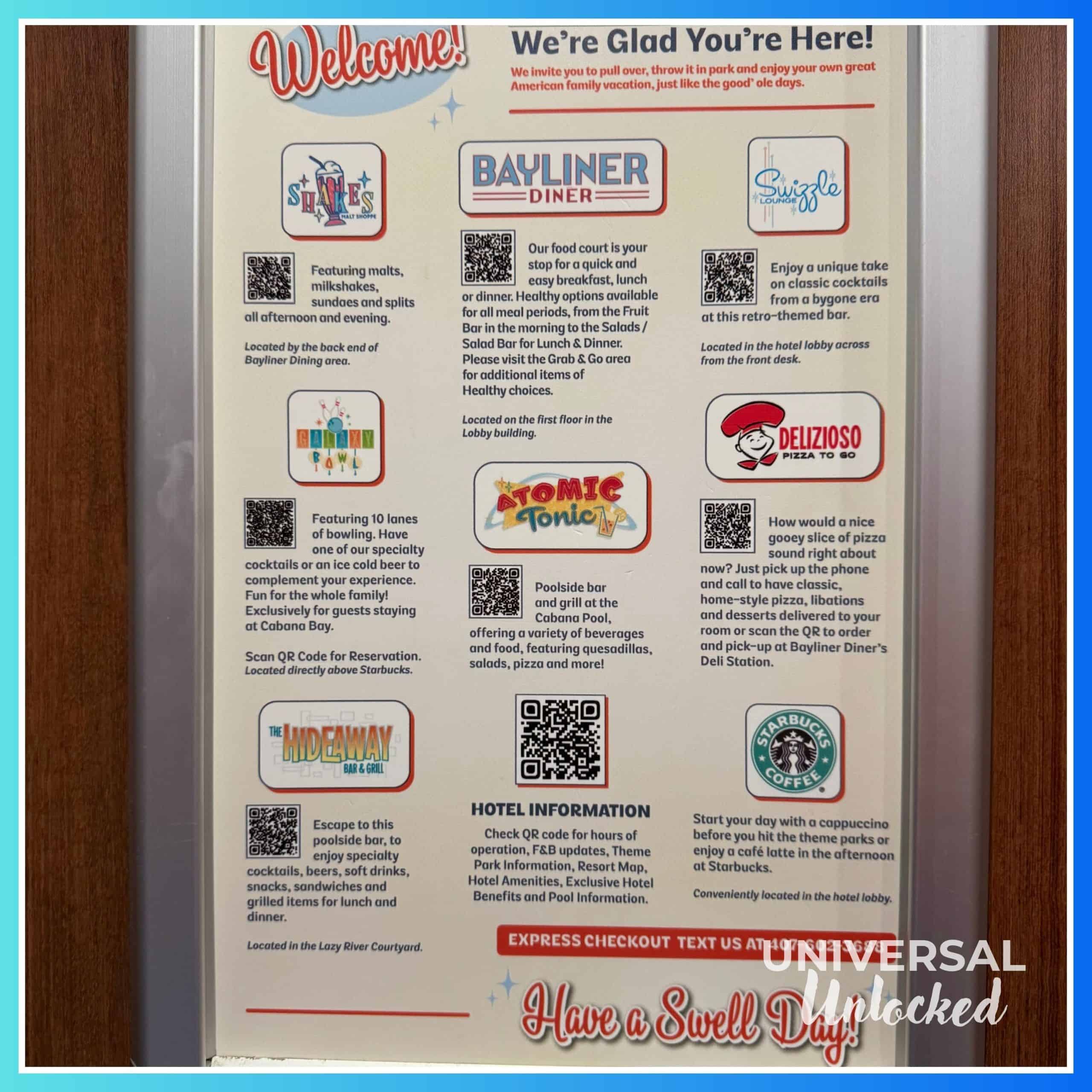 Restaurant guide at Cabana Bay Beach Resort