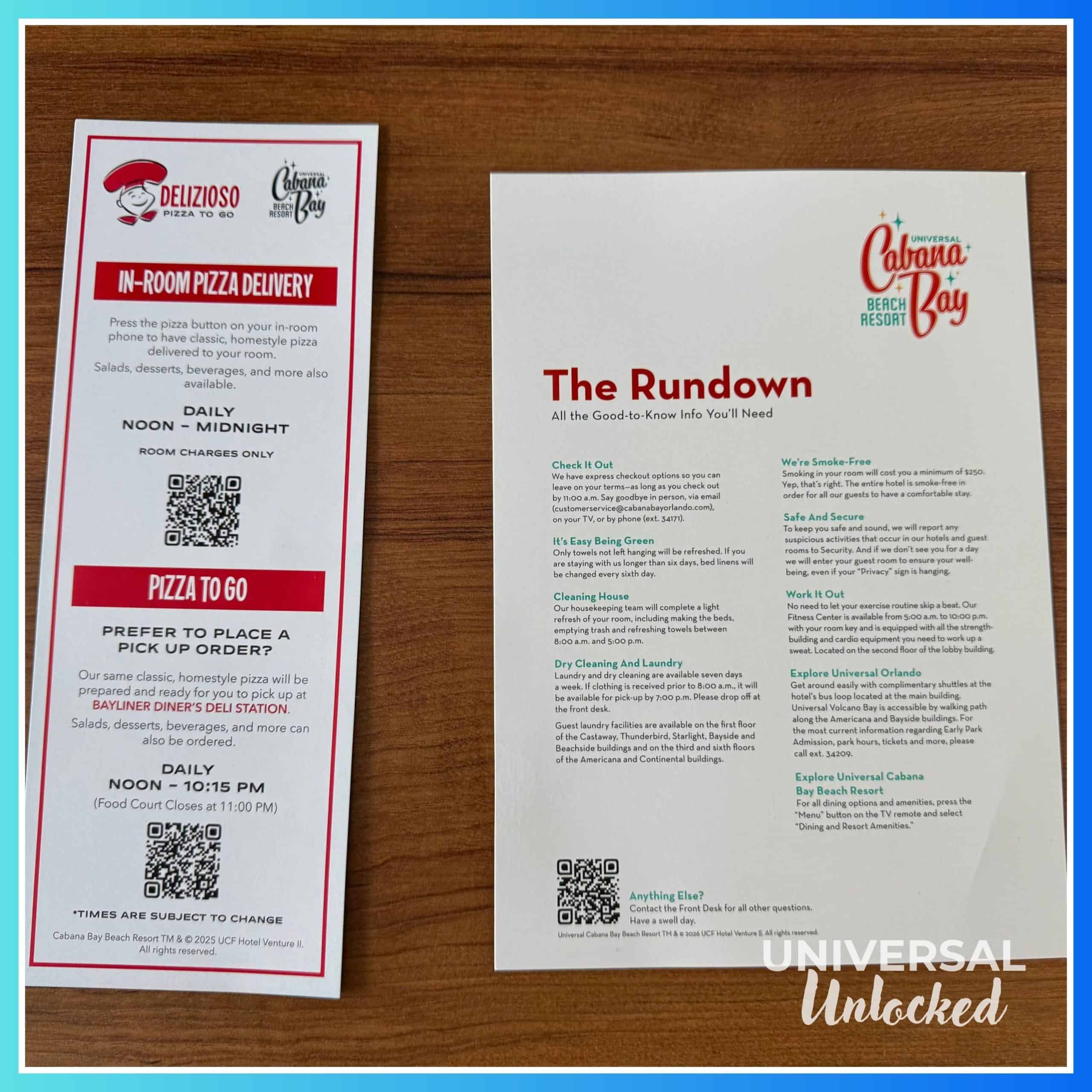 Delizioso Pizza room guide at Cabana Bay Beach Resort