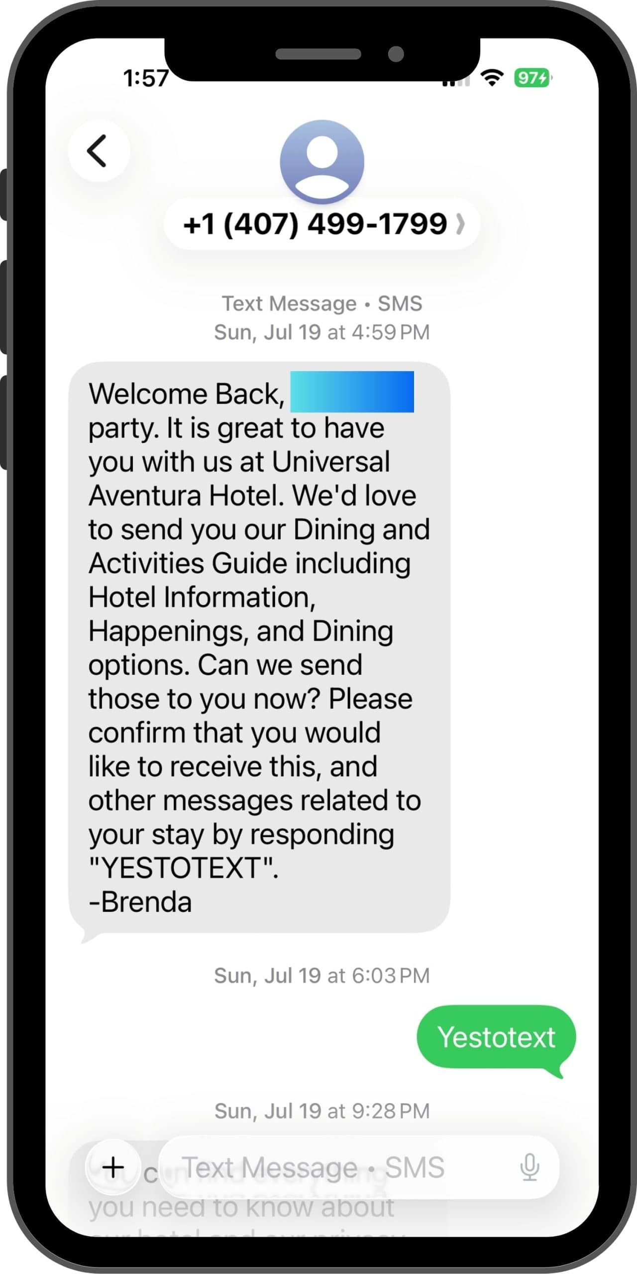 Text service at Aventura Hotel