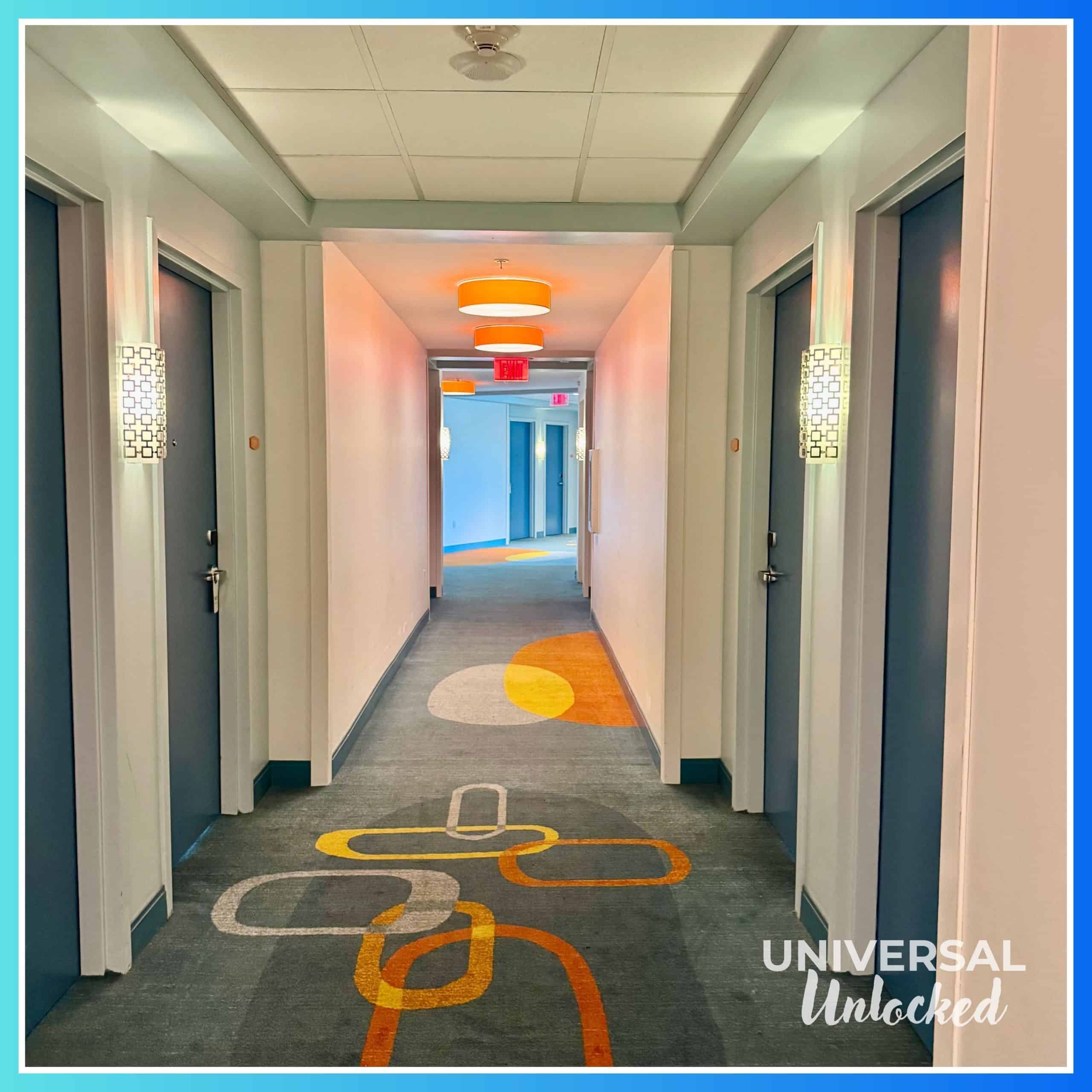 Interior guest room hallway at Cabana Bay Beach Resort