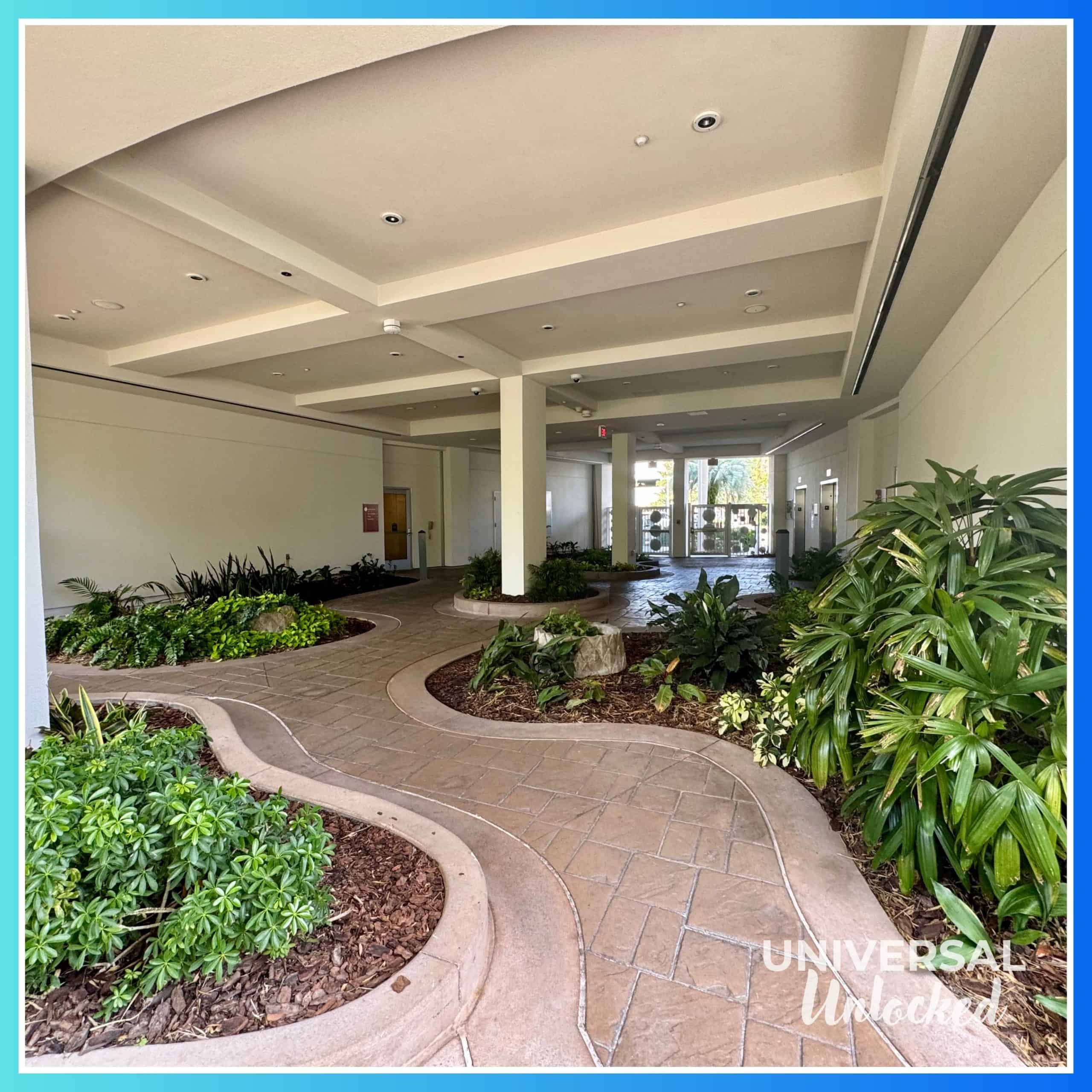 Breezeway connecting the interior towers at Cabana Bay