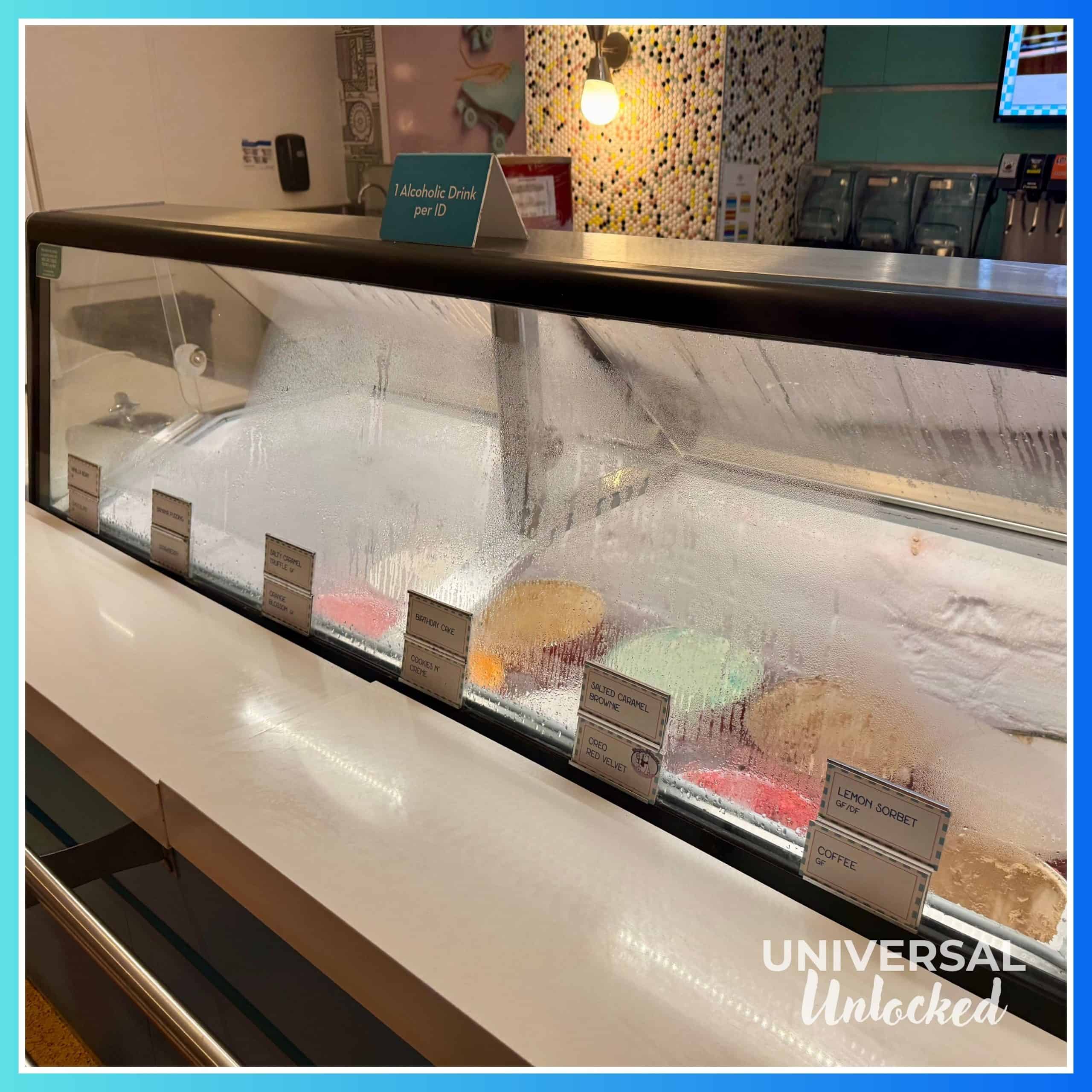 Ice cream case at Shakes Malt Shoppe