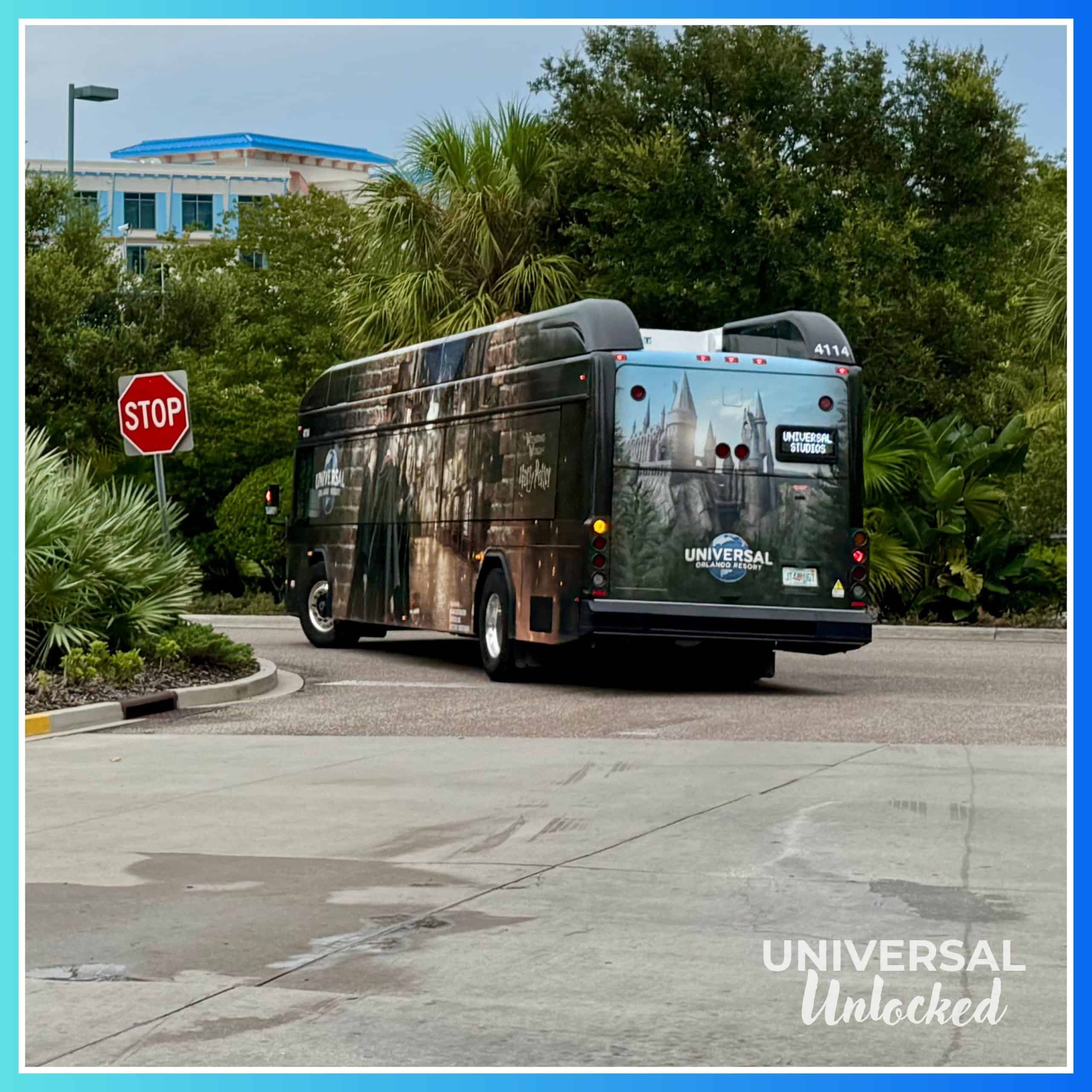 Universal Orlando shuttle bus leaving Cabana Bay Beach Resort