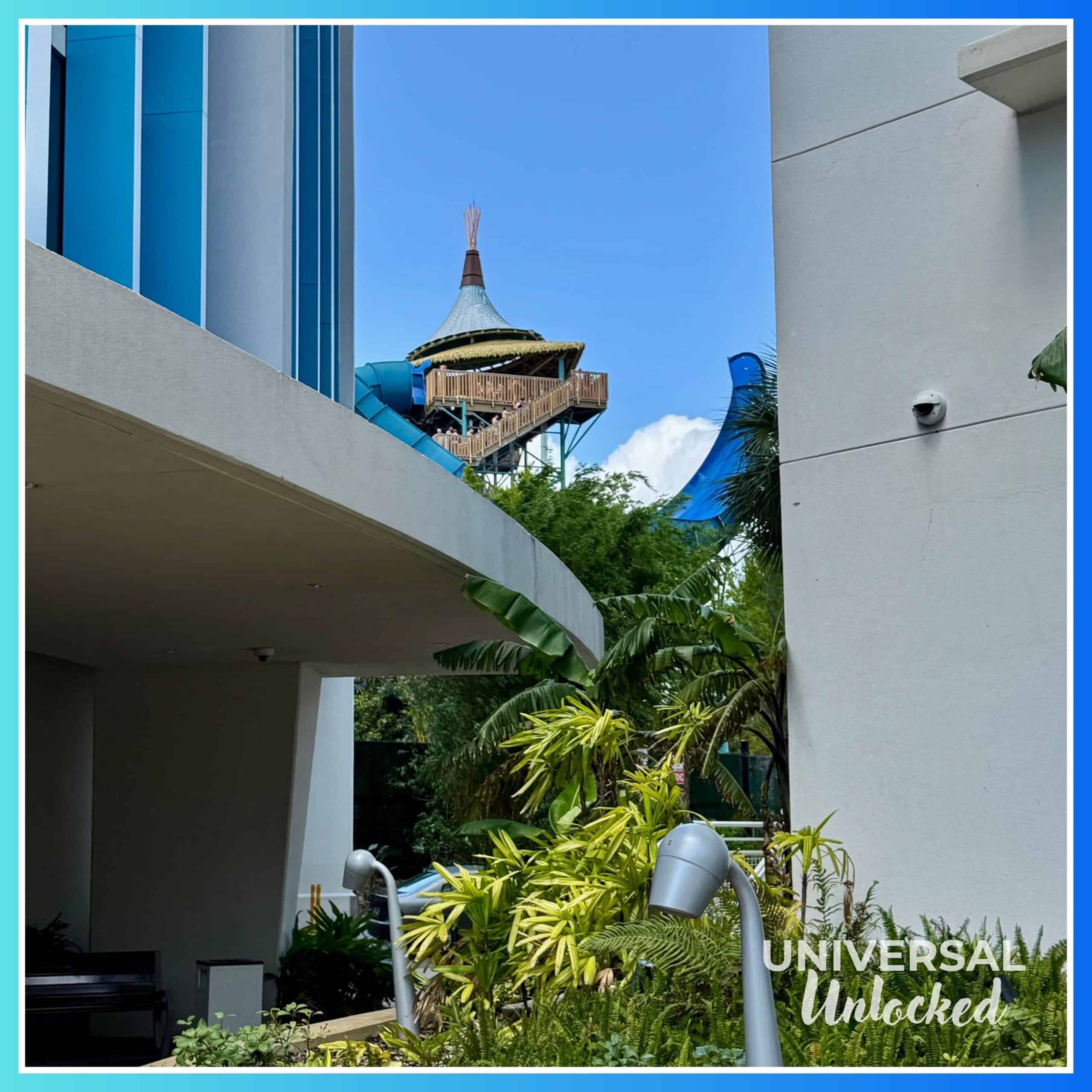 Peaks of Volcano Bay from the Lazy River Courtyard
