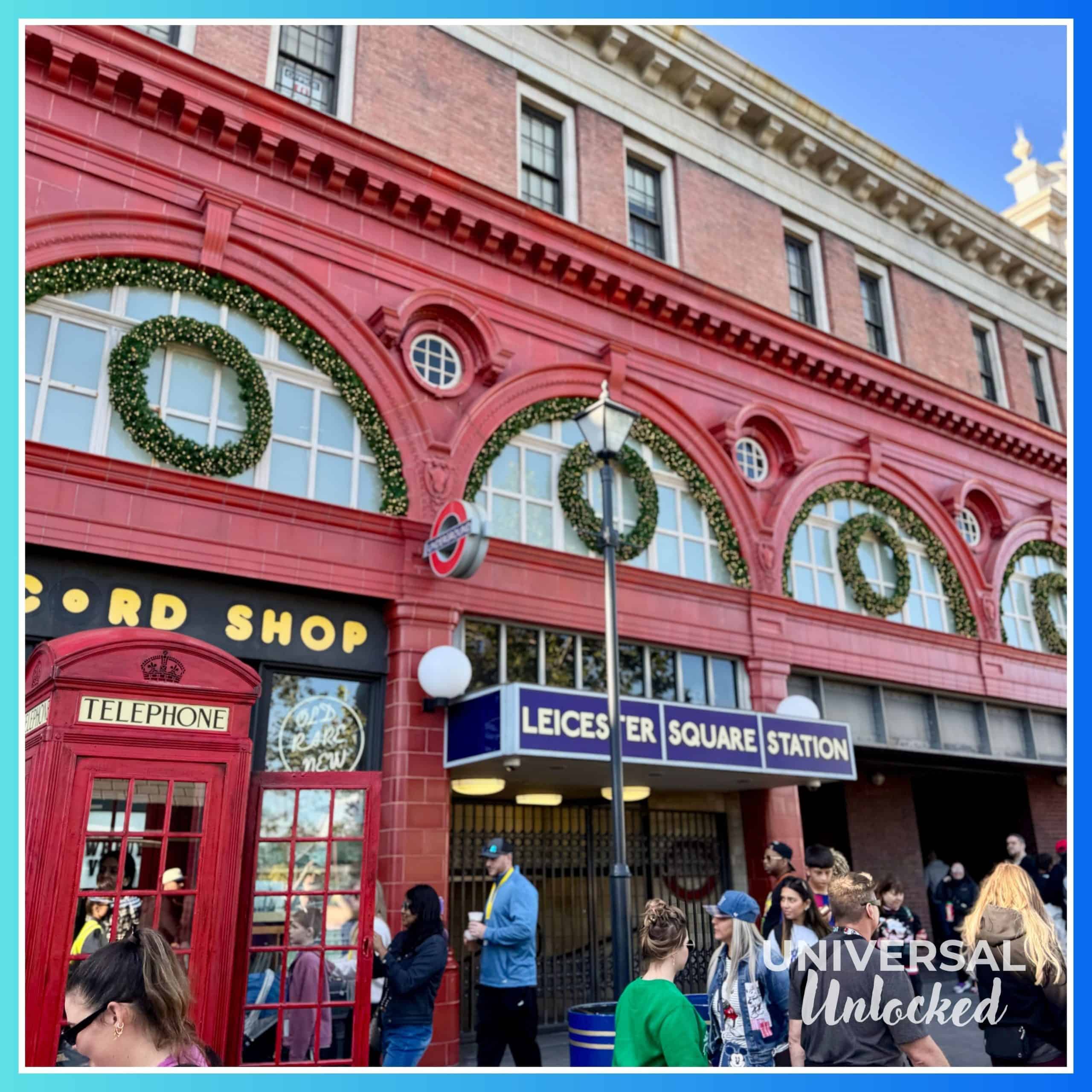 Christmas decor in the London area of Universal Studios Florida