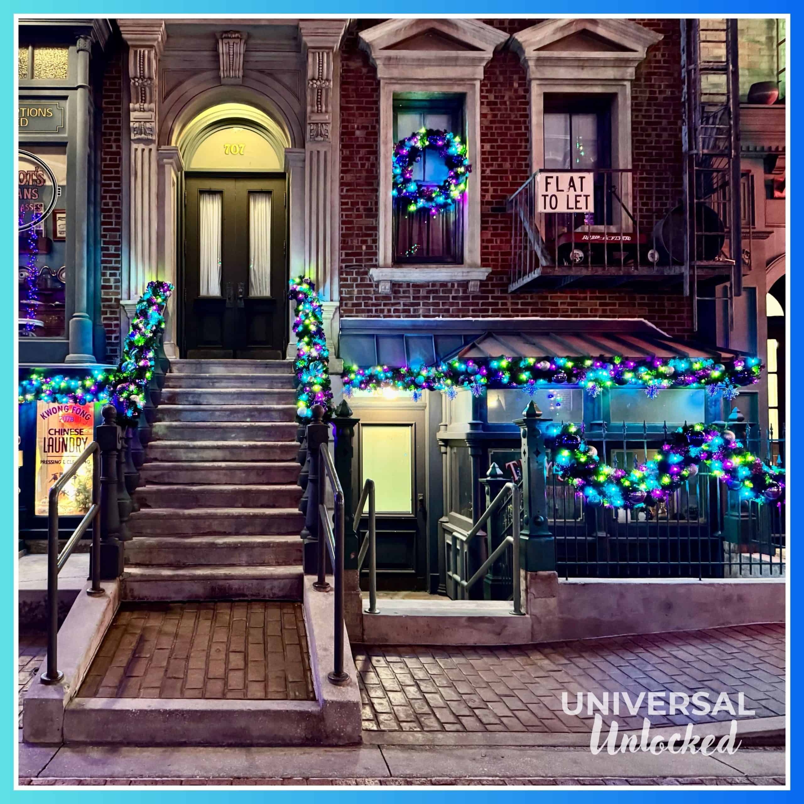 Christmas decor in the New York area of Universal Studios Florida