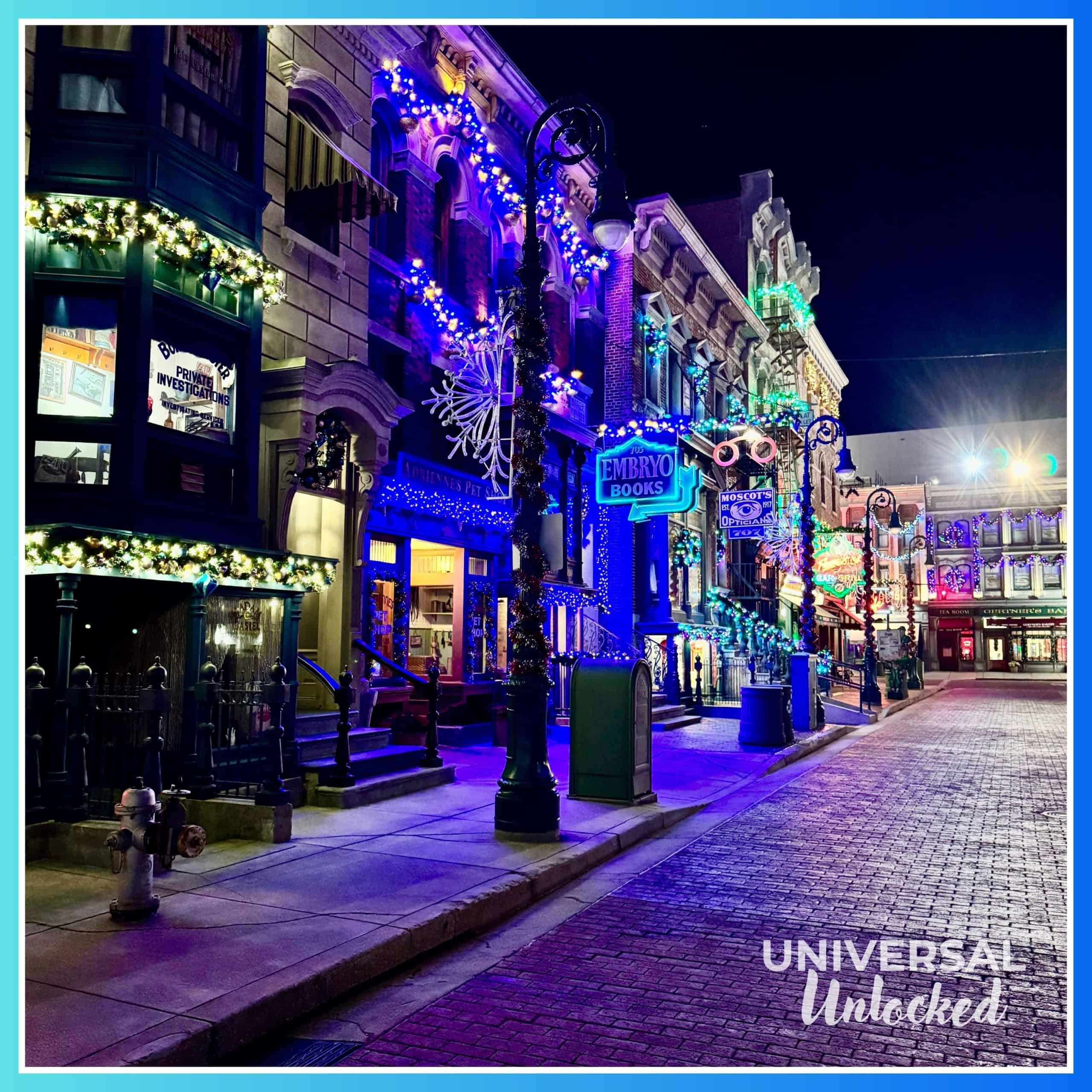 Christmas decor in the New York area of Universal Studios Florida