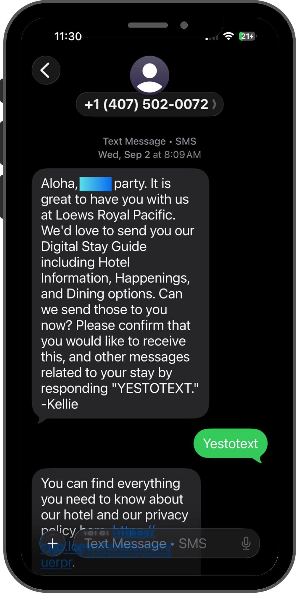 Text service at Royal Pacific Resort