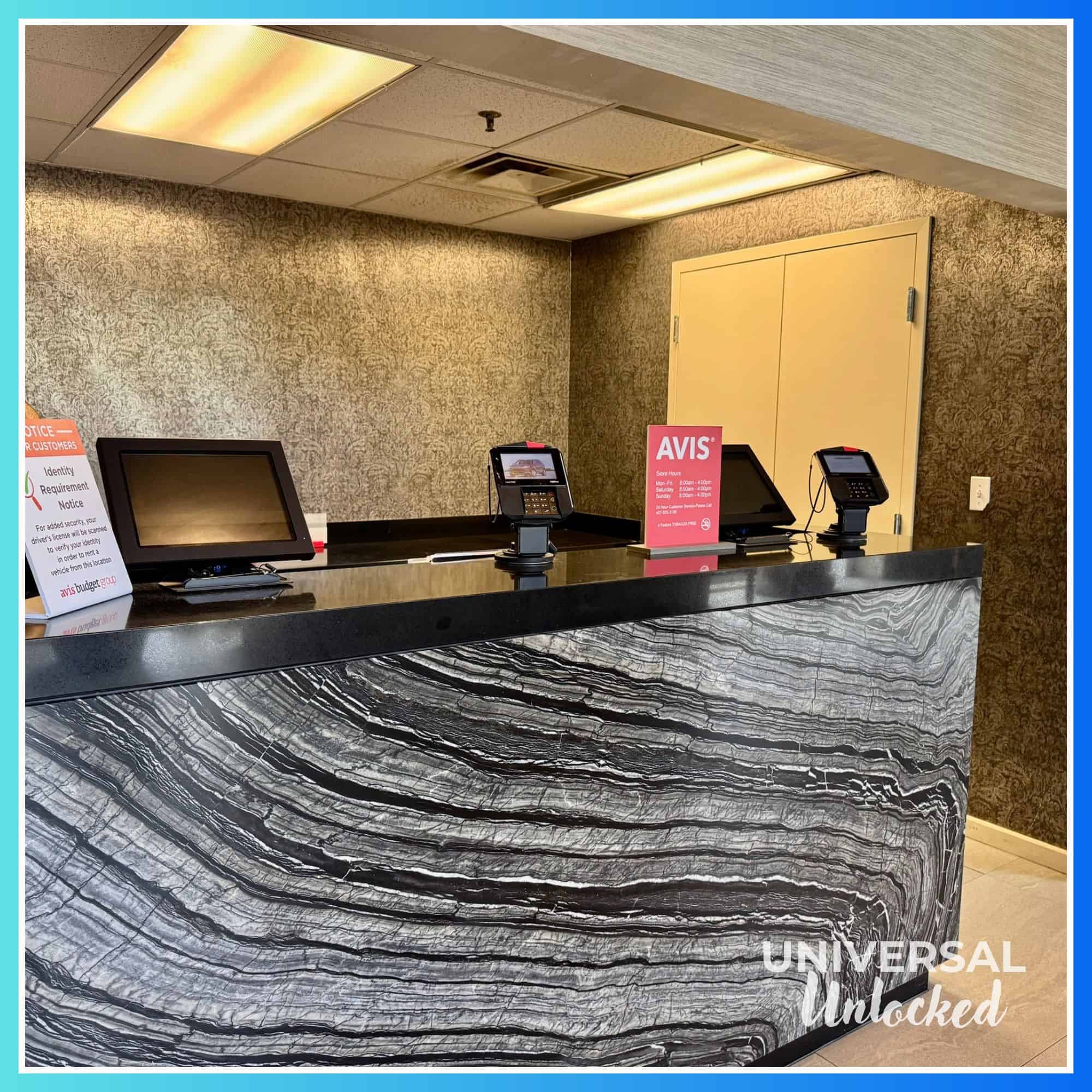 AVIS rental car desk in the Royal Pacific lobby