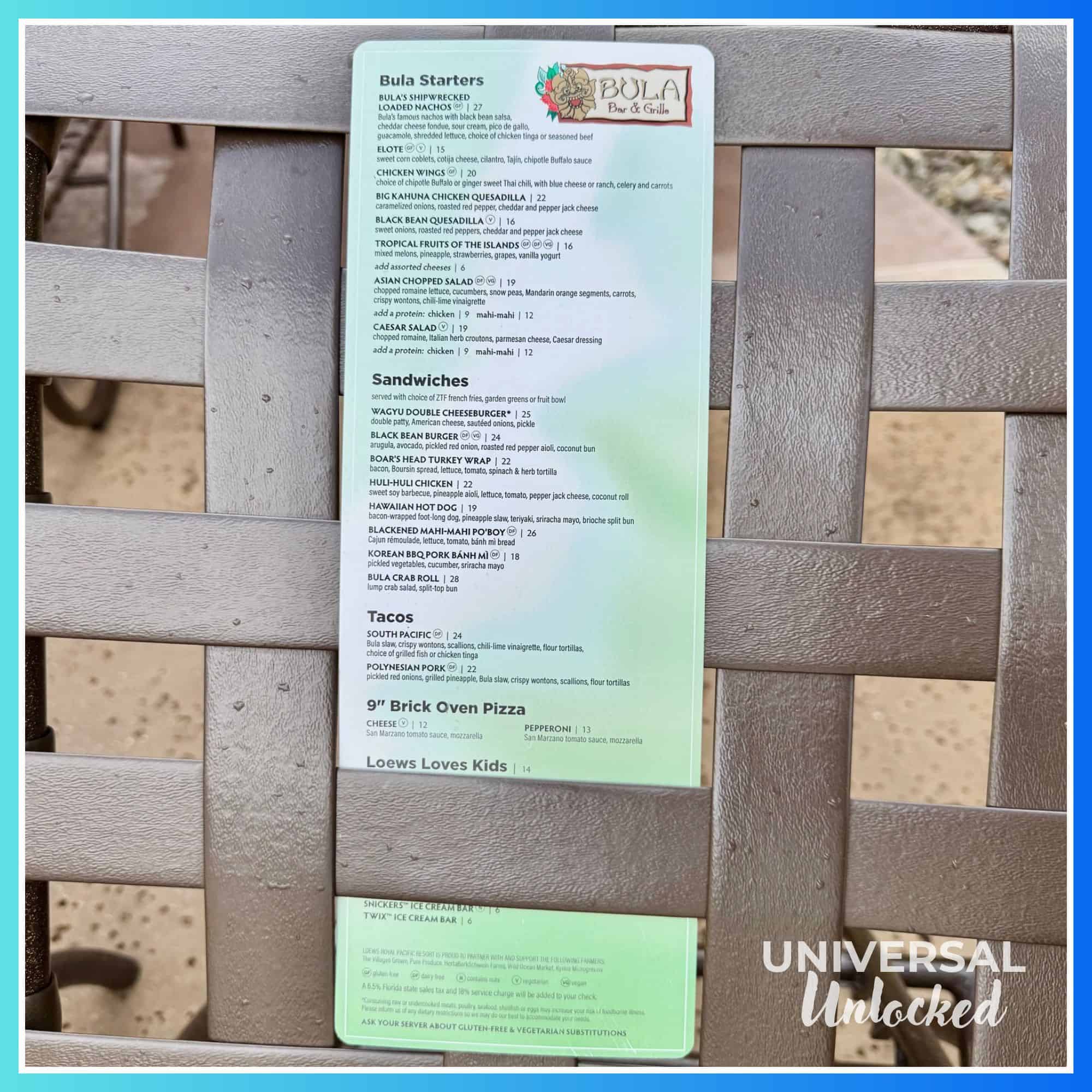 Pool chair menu at the Royal Pacific lagoon pool