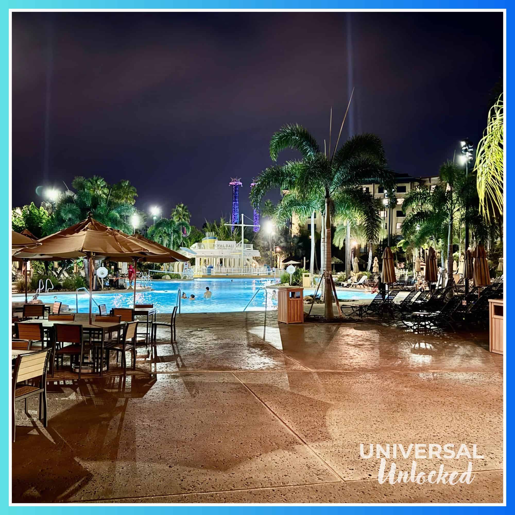 Night views of the Lagoon pool at Royal Pacific Resort